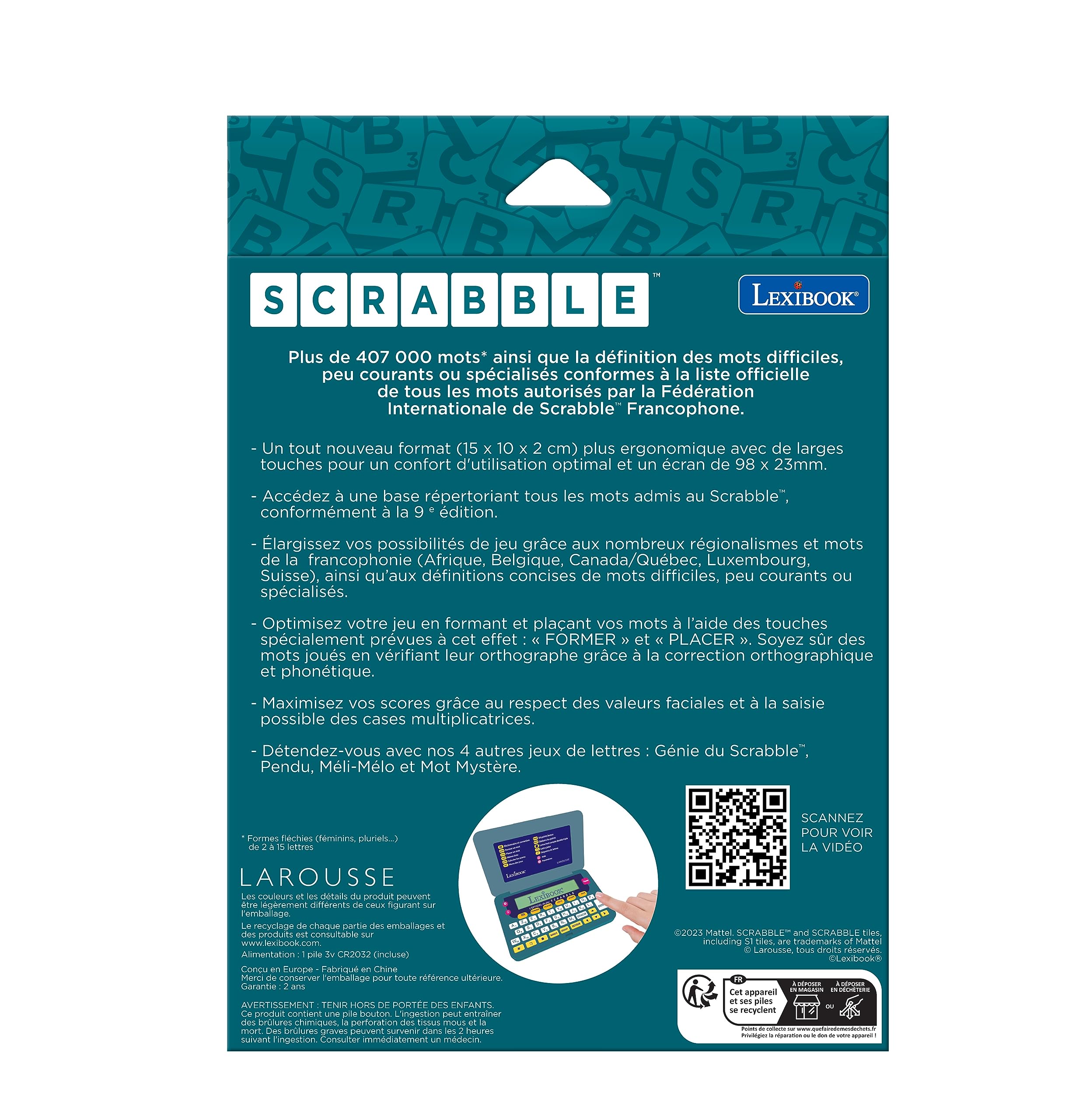 Lexibook Larousse FISF offizielles elektronisches Wörterbuch Scrabble ODS9, ergonomisches Format, große Tasten, Rechtschreibkorrektur, batteriebetrieben, grün/blau