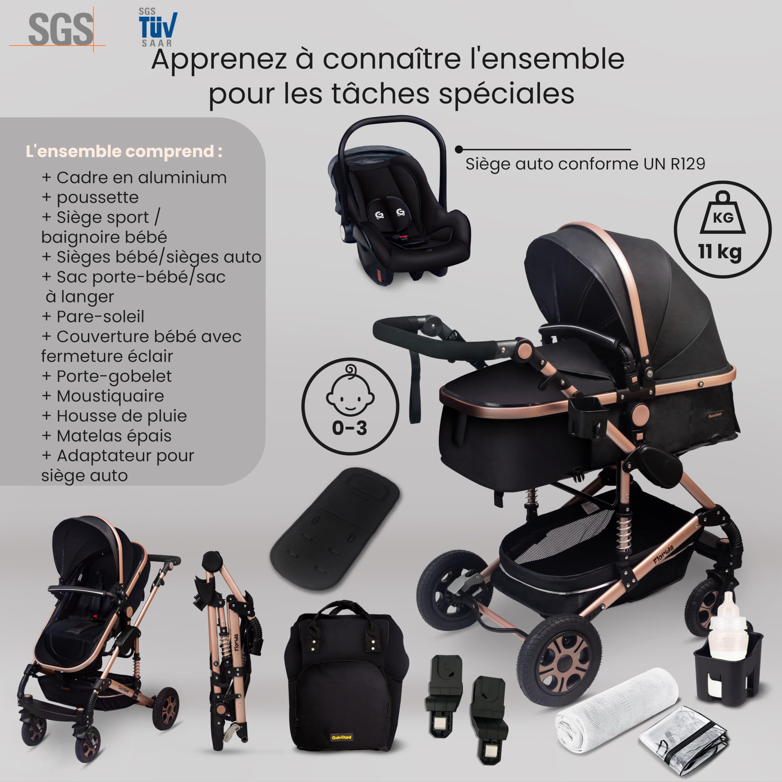 GaGaDumi Florida poussette 3 en 1 set complet avec siège auto - Baby Stroller 3en1 TÜV - poussette combinée 3 en 1 set complet pneus pleins en caoutchouc - sac à langer Noir/Noir