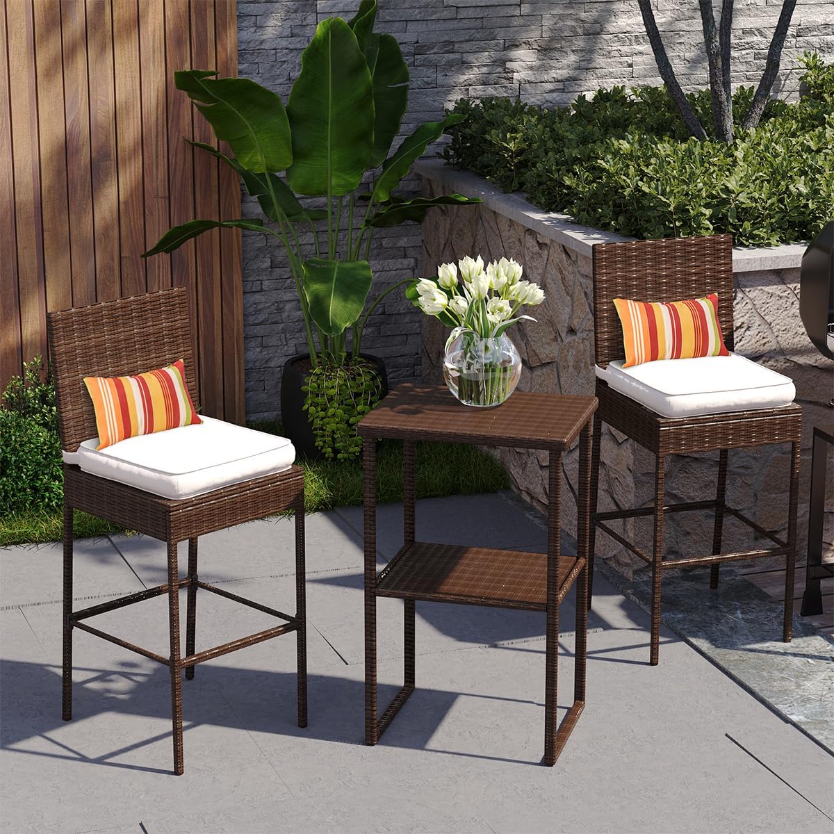 Sundale Outdoor Wicker Bar Stool Set of 2, 30 Inch Seat Height Patio Counter Height Stool with Back Rest, Rattan Woven Tall Chair with Pillow & Beige Cushion, High Bar Stool - Steel, Brown