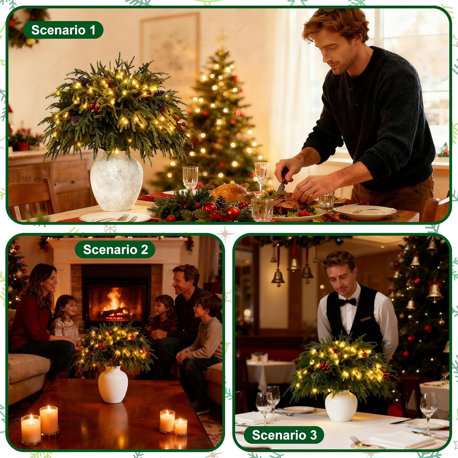 22Pcs 23inch Christmas Norfolk Pine Branches, with a Branch stem lamp. Artificial Green Norfolk Pine Branch Plume, Suitable for DIY Handmade Wreaths and Home Decoration(with Light Strip).