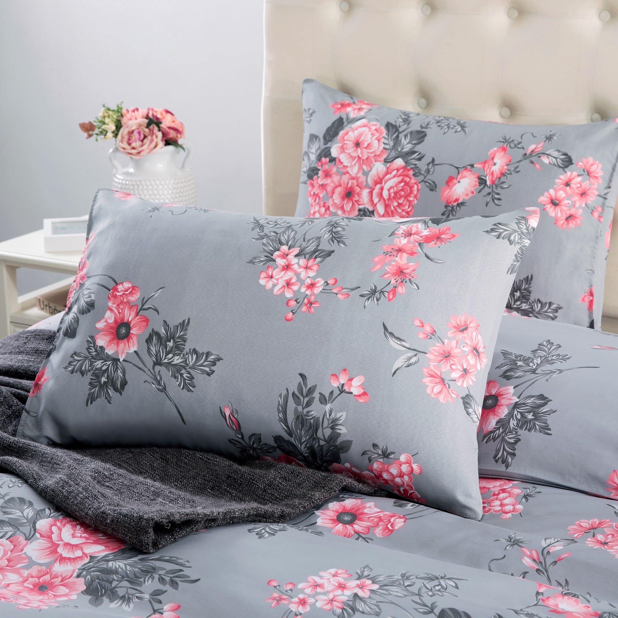 MOONLIGHT20015 Super King Duvet Set Soft Printed Luxury Bedding Sets Brushed Microfiber Duvet Covers with Pillowcases (Grey Bouquet 260x220 CM) - Image 3