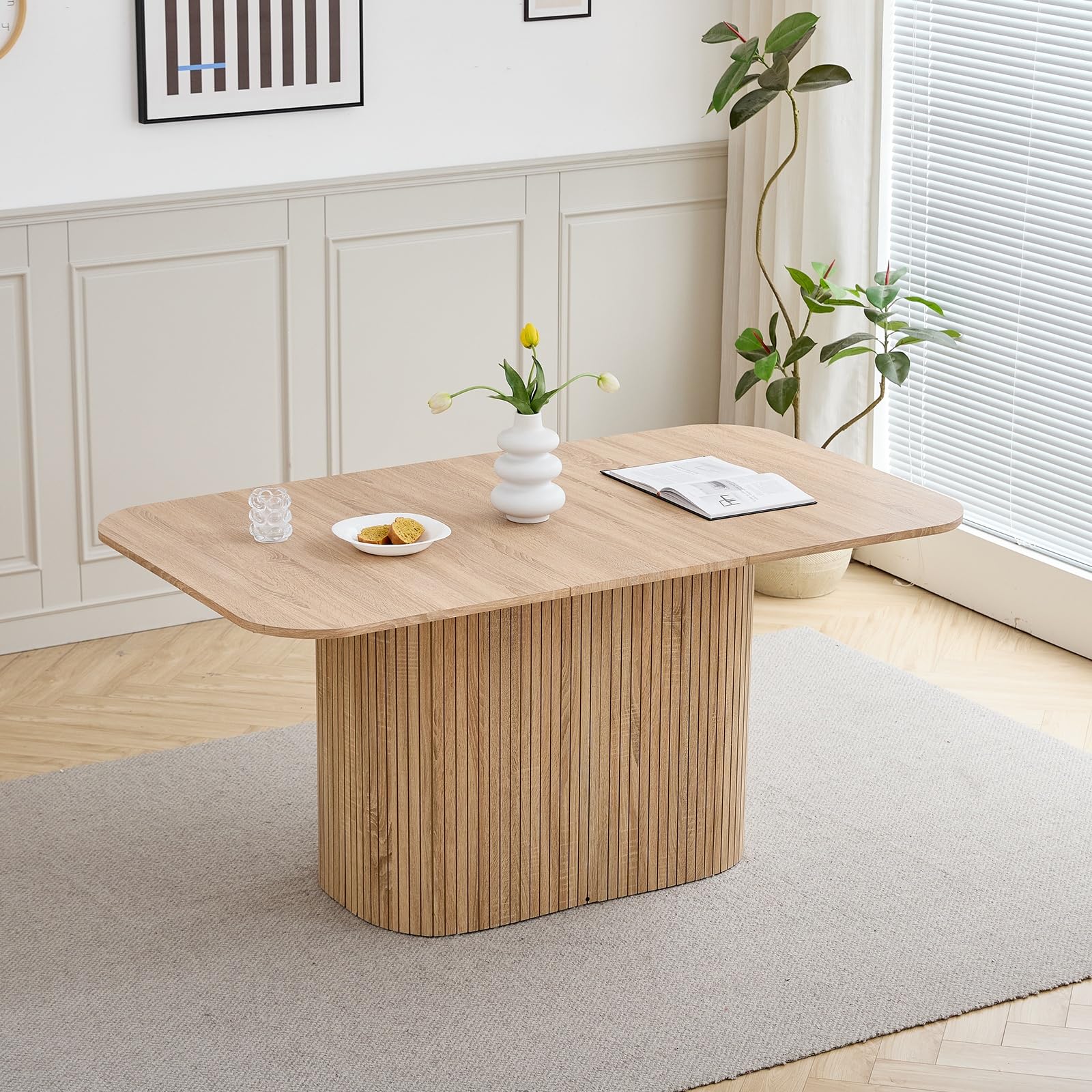 GrandCA HOME Tavolo da Pranzo Rettangolare con Angoli Arrotondati, Tavolo da Pranzo Moderno Cucina da 160 cm con Base in Legno, Ampio Piano di Lavoro in MDF, per 4-8 Persone, Venature del Legno Chiaro