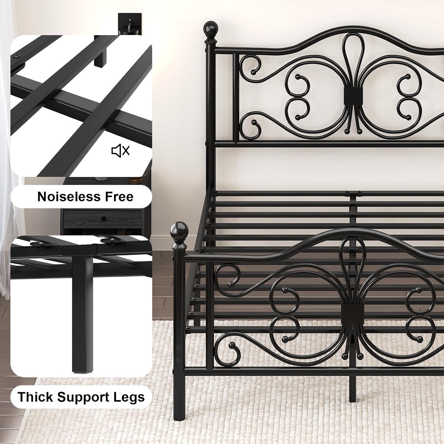 Queen Size Metal Platform Bed with Butterfly Pattern Design Headboard and Footboard/Mattress Foundation/Under Bed Storage/No Box Spring Needed/Easy Assembly/Noise Free/Black