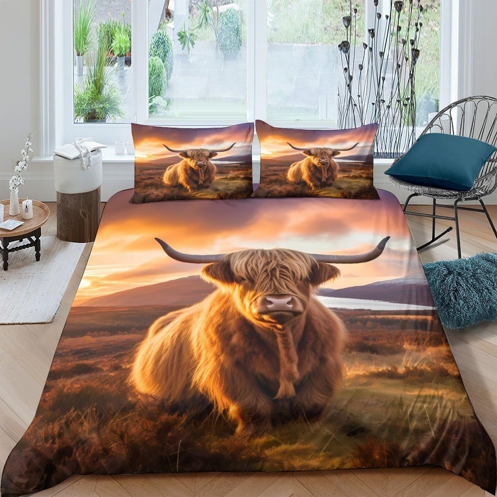 GPLZQXKJNH 3D Printed Highland Cow Duvet Cover Microfiber Soft Breathable Sunset Landscape Bedding Set with 2 Pillowcases for Bedroom Decor Single（135x200cm）