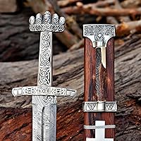 Vista 11 de Qepaa Crafts® Espada de acero damasquino hecha a mano estilo vikingo real Hoja de filo completo con mango de madera y vaina Réplica medieval