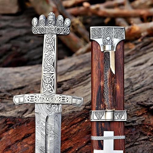 Miniatura 10 de Qepaa Crafts® Espada de acero damasquino hecha a mano estilo vikingo real Hoja de filo completo con mango de madera y vaina Réplica medieval