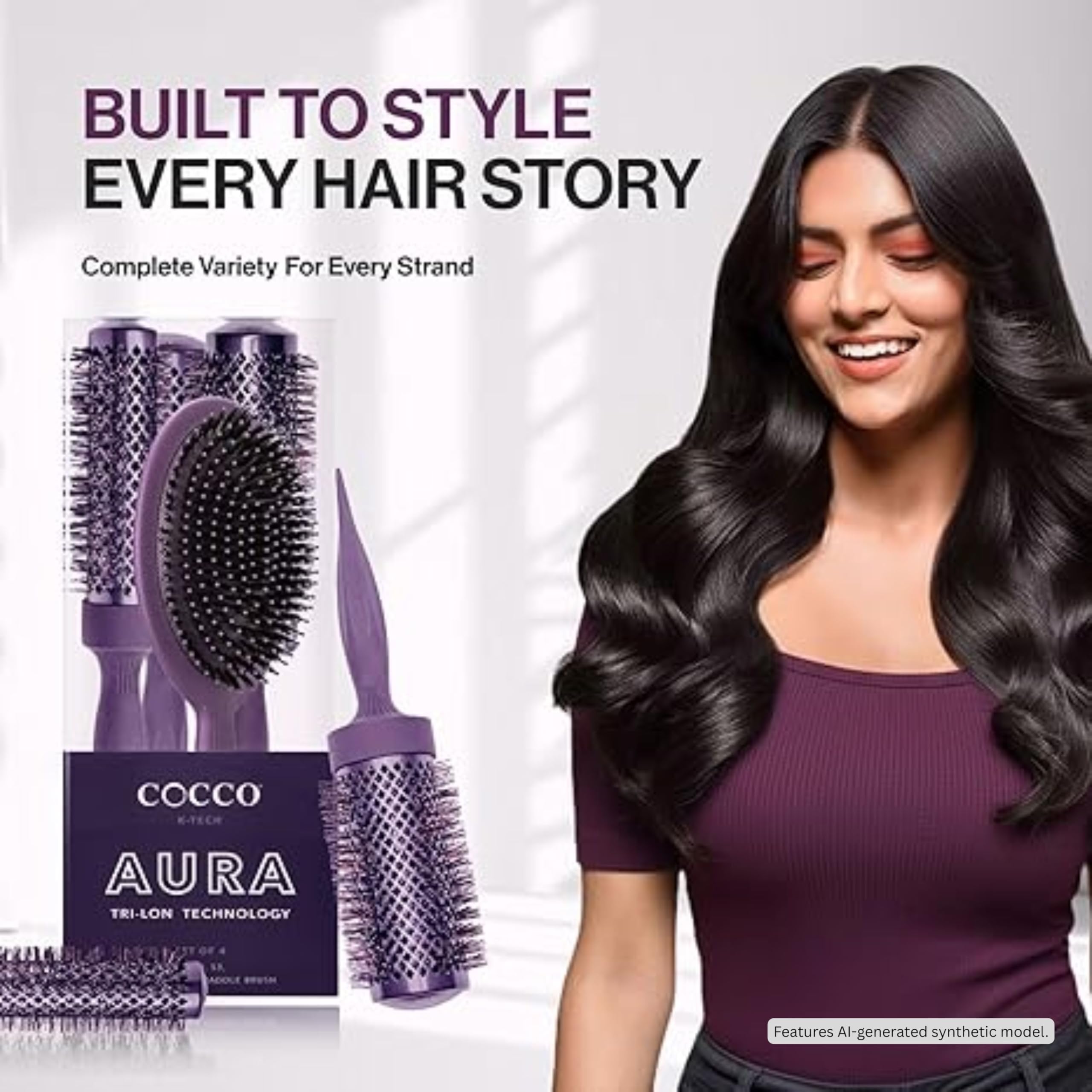 COCCO Aura Brush - Juego de cepillos redondos y de cerámica para mujer, secado y control del encrespamiento, cerdas de turmalina, agarre ergonómico, juego de peinado completo, color morado