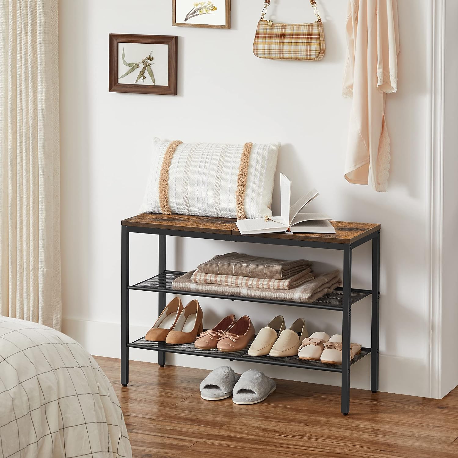 VASAGLE 3-Tier Rack, Freestanding Shoe Storage Organizer, Mesh Shelves, Space-Saving in the Entryway, Industrial, Rustic Brown + Black