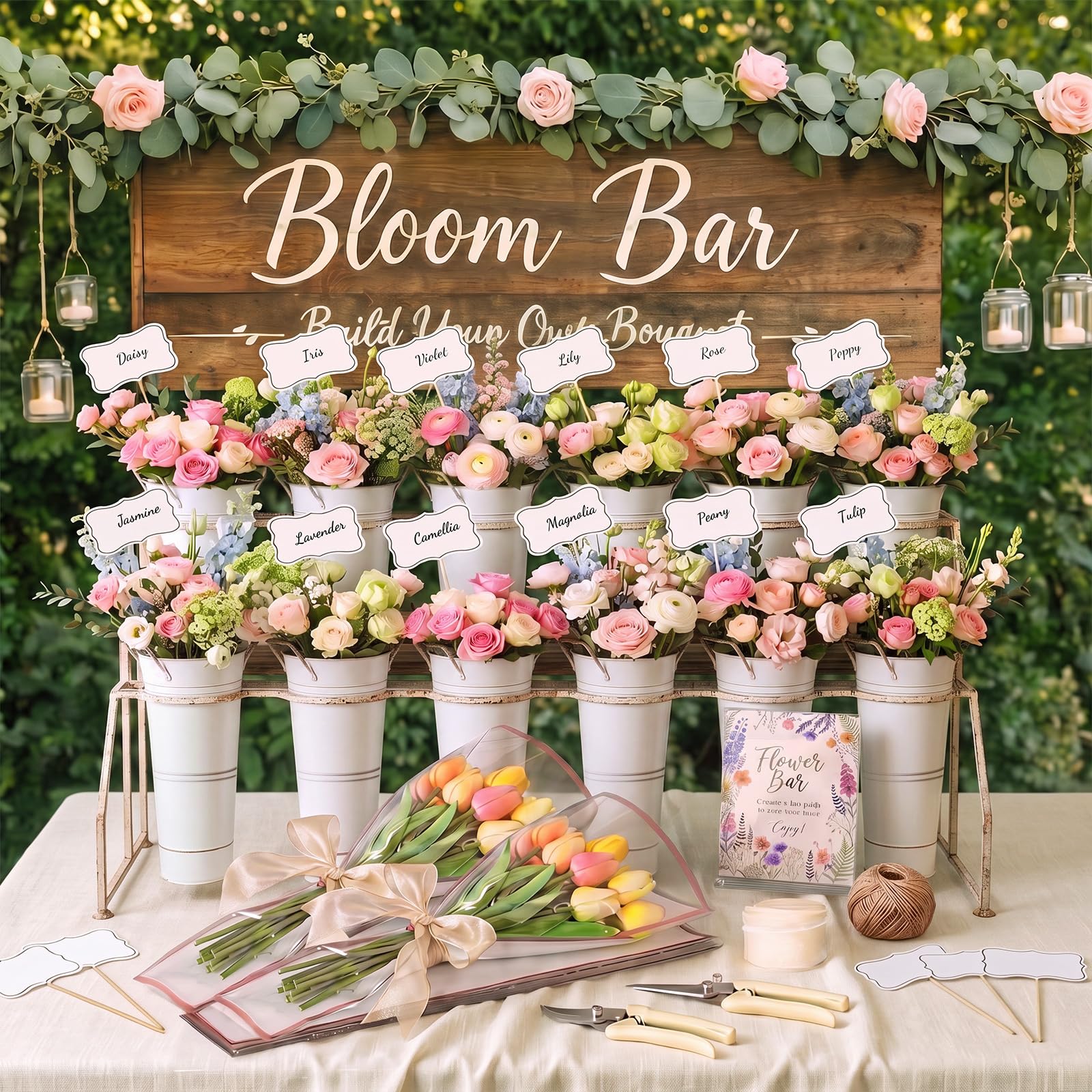 142 piezas de suministros de barra de flores con 12 cubos blancos, 100 bolsas de envoltura de flores, tijeras para letreros de flores, suministros de barra para boda, novia, graduación