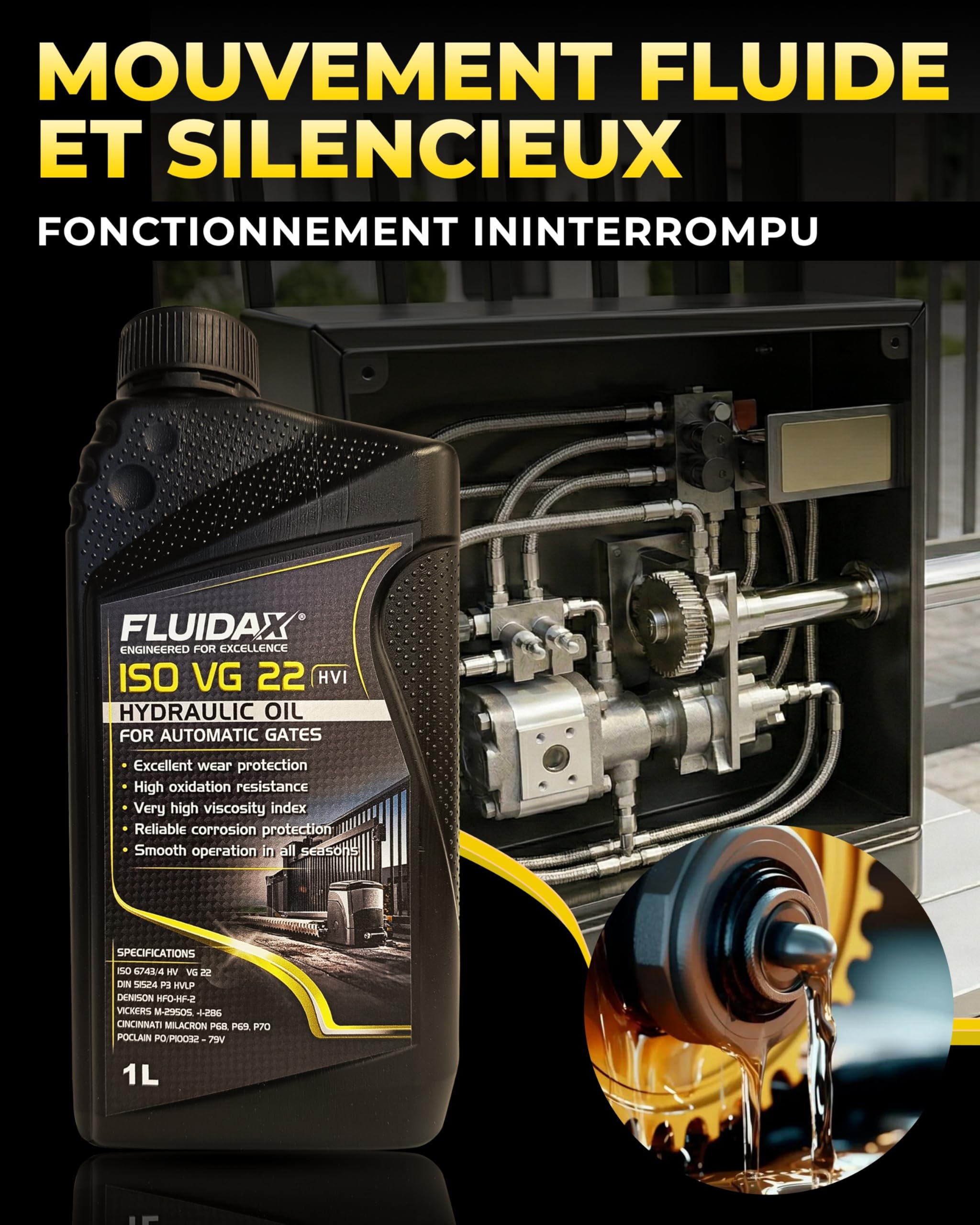 Huile Hydraulique ISO VG 22 HVI 1L – Huile pour Portails Automatiques FAAC, BFT, NICE, CAME, Fadini, Aprimatic – Huile pour Vérins et Centrales Hydrauliques – Qualité Professionnelle