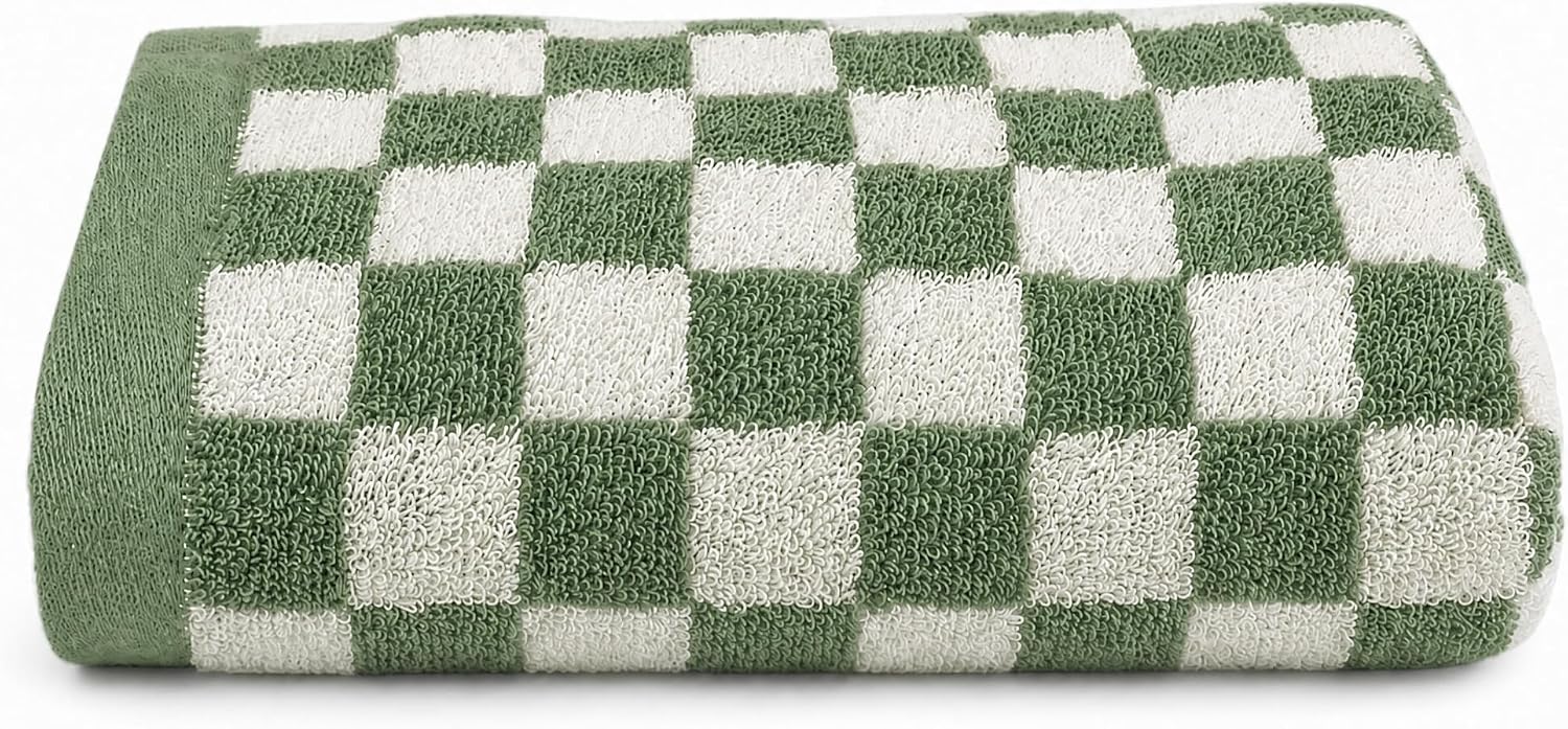 Cotton Hand Towels for Bathroom, Soft Absorbent Checkered Hand Towel Set for Face Bath Kitchen Gym Spa Use, 13 x 29 Inch, 1 Pack, Green