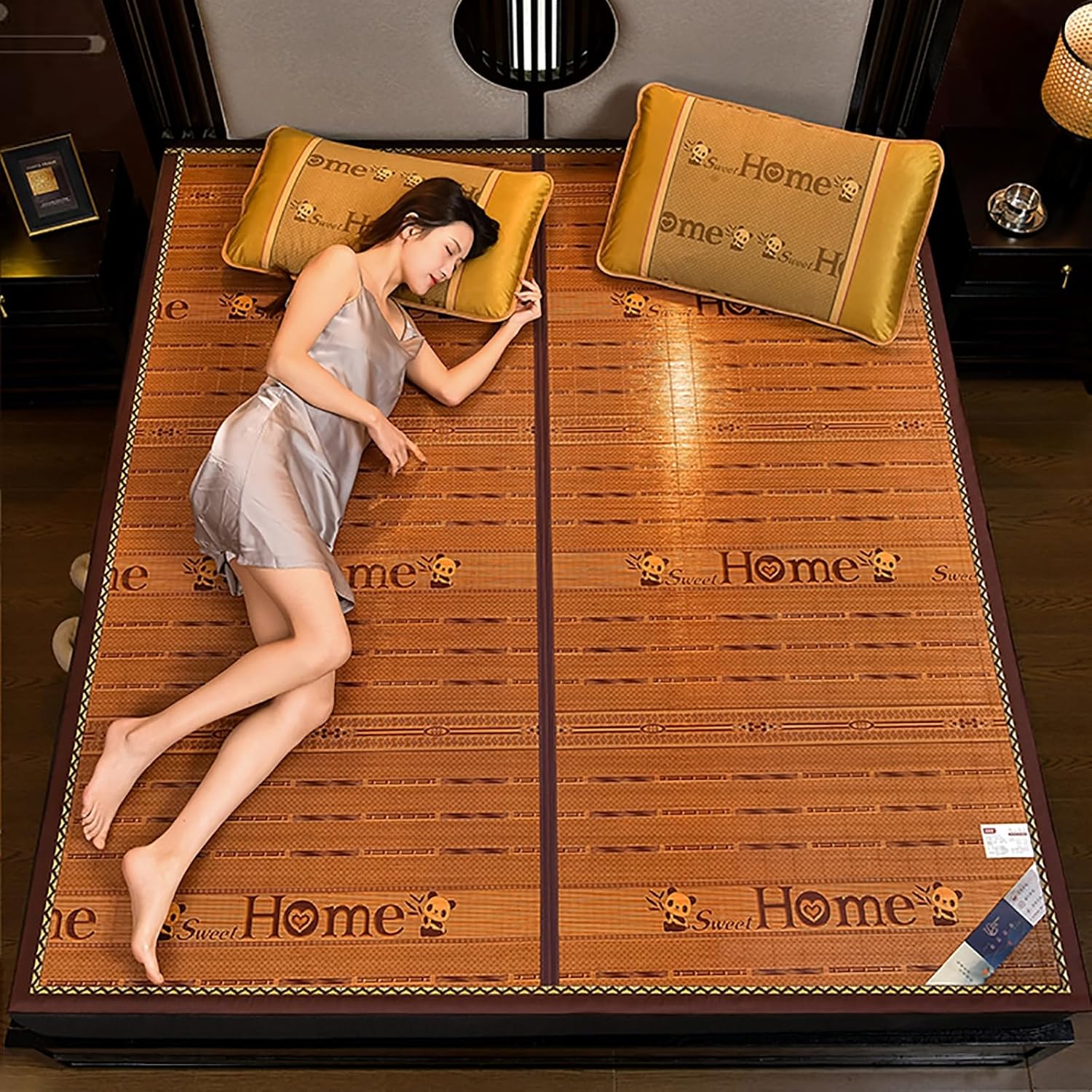 Foldable Double Sided Bamboo mat for Bed, Breathable Carbonized Bamboo Summer Sleeping Mat, Rattan Cooling mat, Folding Mattress Bamboo | Bedroom Essential for Summer Sleeping(with Pillowcase) (Color