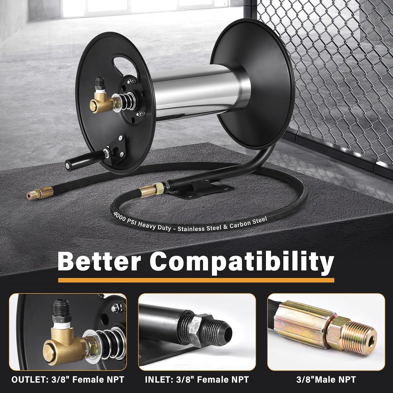 Pressure Washer Hose Reel 100 ft, 4000 PSI Stainless & Carbon Steel Hand Crank with Brass Swivel and 90 Degree Elbow, Wall/Floor Mount – Fits 3/8" and 1/4" Hoses