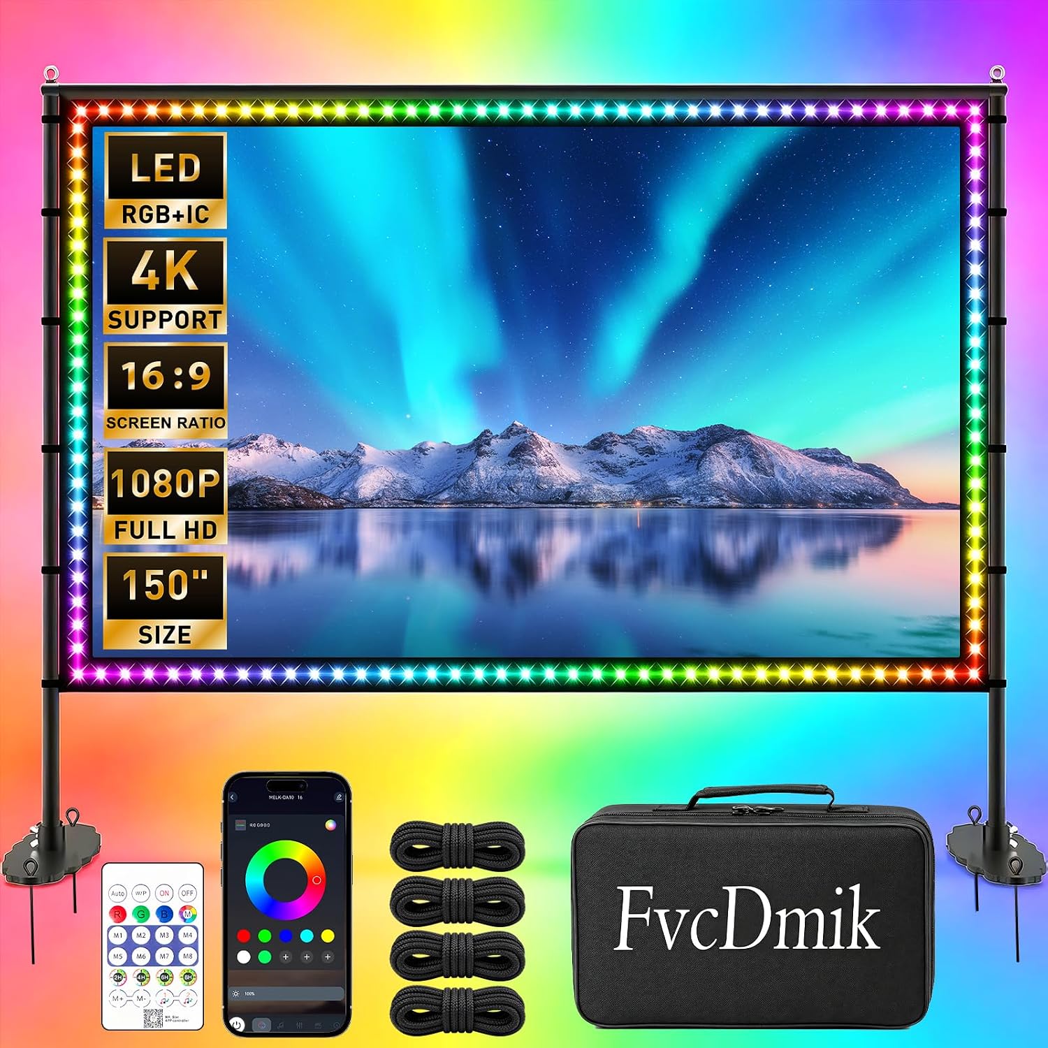 150 inch Projector Screen with Stand, USB String Lights Connection 16:9 4K HD Portable Movie Screen Indoor Outdoor,Wrinkle-Free Foldable Projection Screen for Home Theater Backyard, Office, Travel