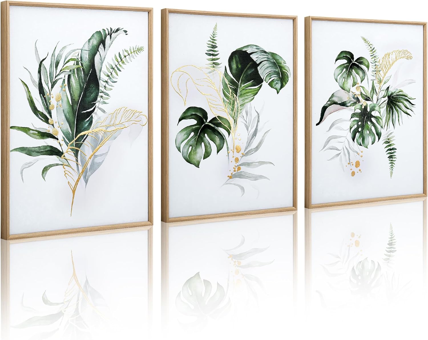 ArtbyHannah Framed Bathroom Canvas Wall Art, Botanical Wall Decor with Green Plant Print for Living Room (12x16 Inch, 3pack) 12x16 Framed Bronzing Leaf