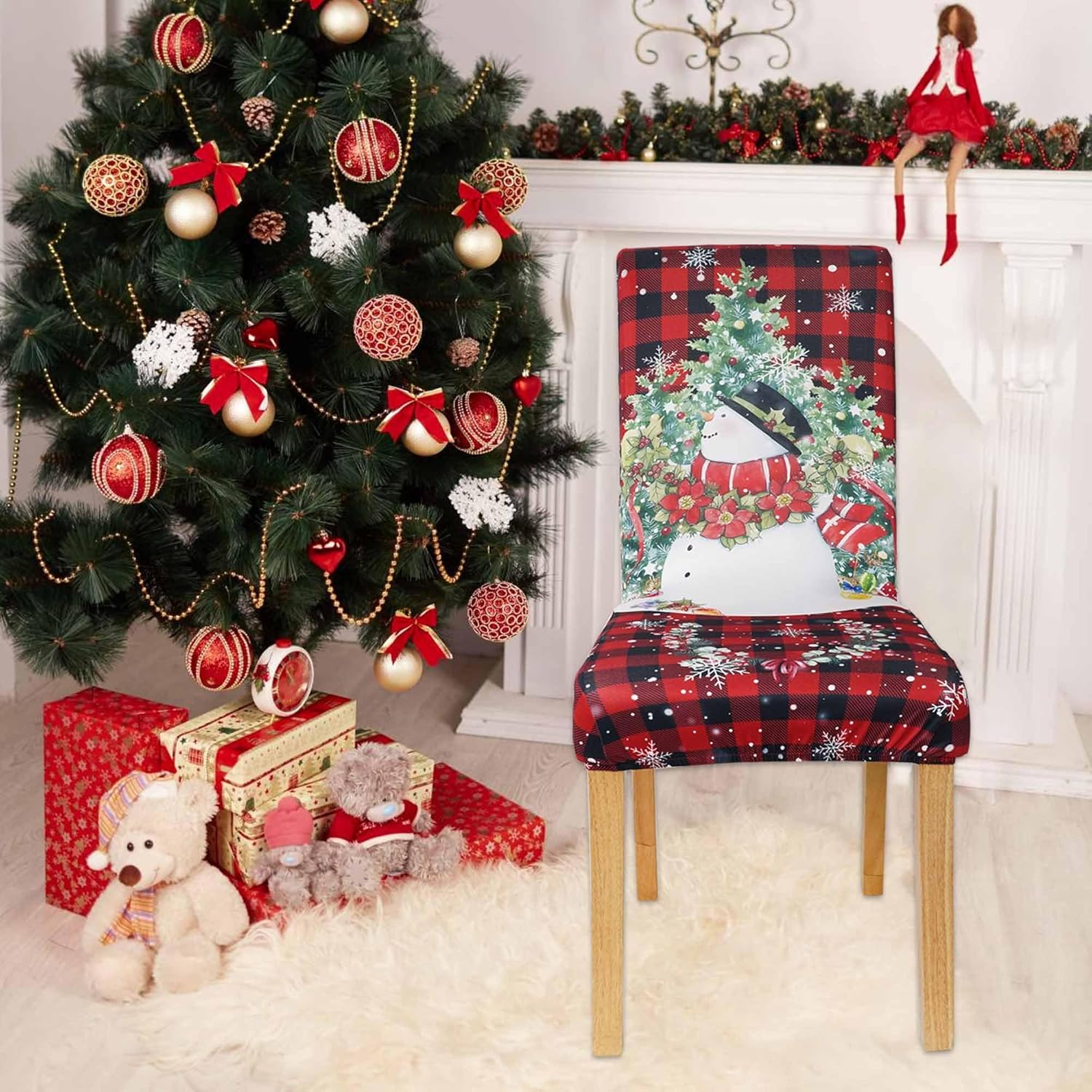 Christmas Chair Covers Set of 4, Christmas Decorations Stretch Removable Washable Dining Room Chair Protector Slipcovers for Xmas Decor Holiday Party Kitchen Home Decorations (Snowman, 4 PCS)