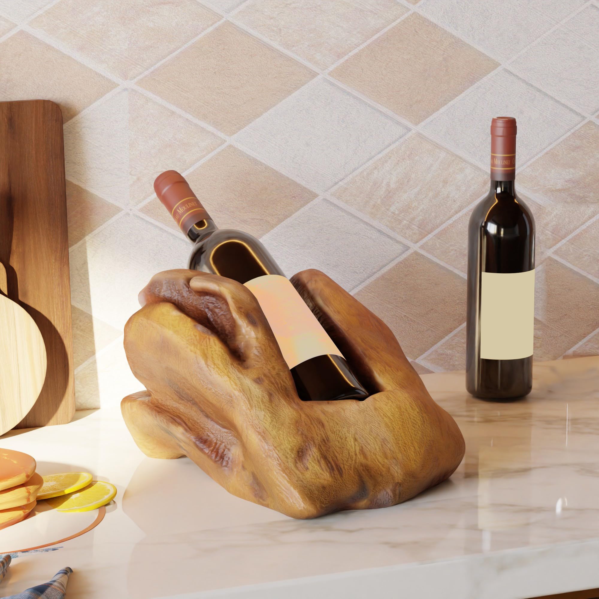 Portabottiglie in legno di radice – Portabottiglie in legno per 2 bottiglie di vino, oggetto decorativo in radica per cucina, sala da pranzo, soggiorno (Für 1 Flaschen Wein)