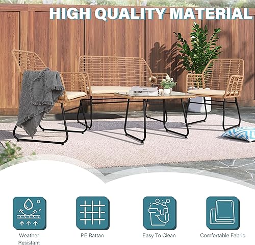Miniatura 7 de Juego de 4 piezas para conversación de patio, juego de muebles de mimbre para exteriores, juegos de muebles de patio de ratán para patio trasero,