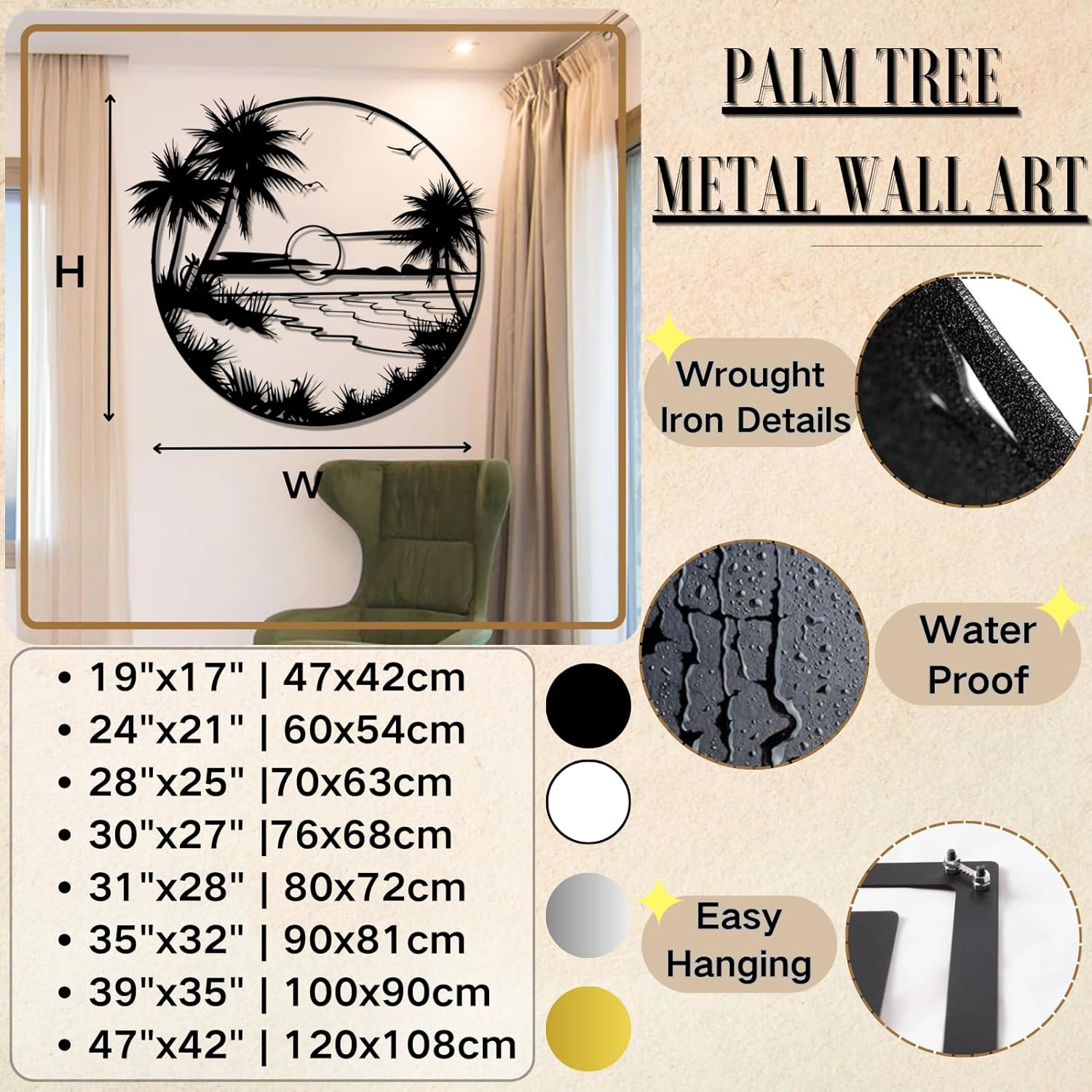 Palm Tree Metal Wall Art, Coastal Metal Wall Art, Beach Sunset Wall Art, Tropical Metal Wall Art, Beach Wall Decor, Metal Palm Trees for Outside, Metal Wall Art for Living Room, Bedroom (Black, 30"x27" |76x68cm, metal wall art)