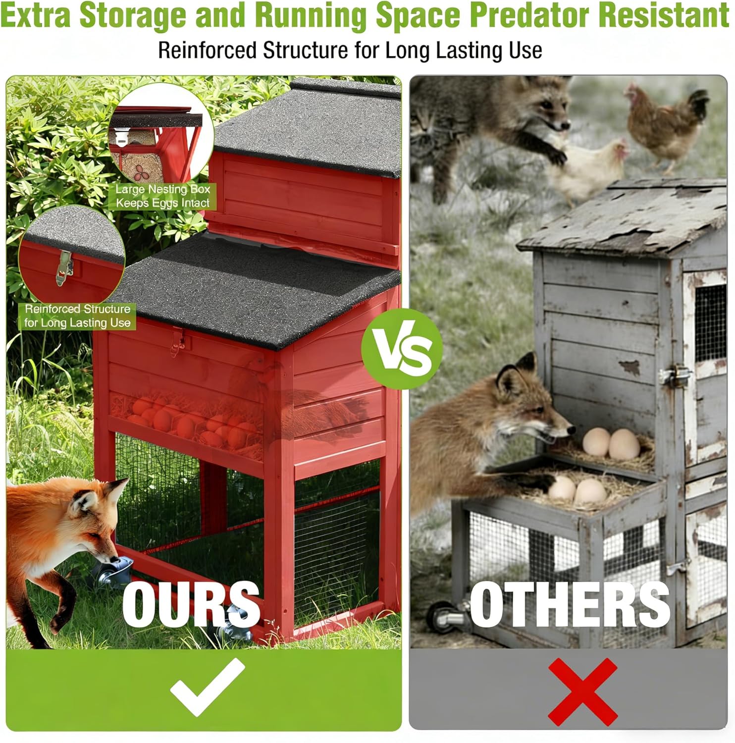 GUTINNEEN Chicken Coop with Wheels for 2-4 Chickens, Large Wooden Outdoor Hen House with Run, Waterproof & UV-Resistant Roof, Removable Leakproof Tray and Divided Nesting Box– Red