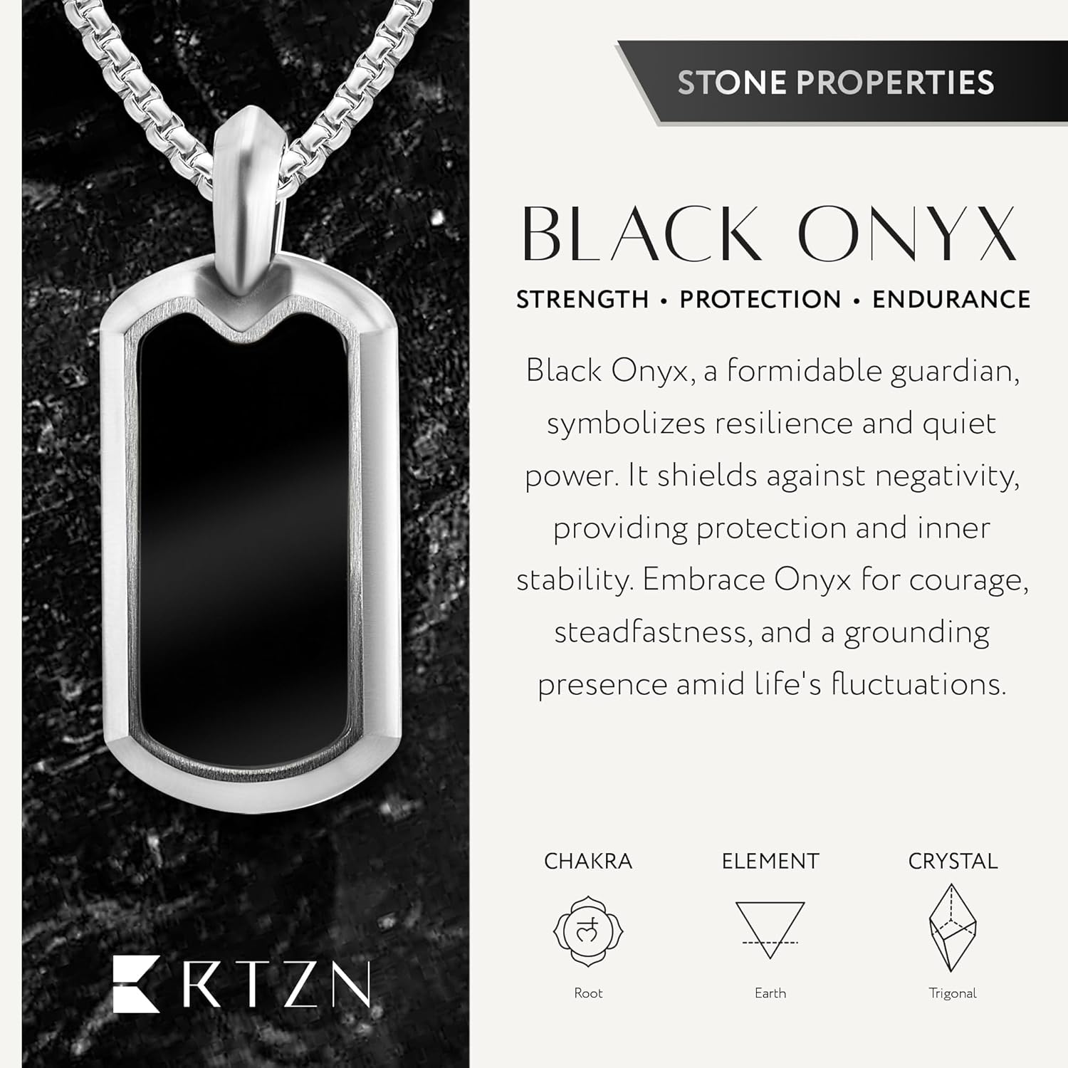RTZN® Black Onyx Necklace for Men – Premium Dog Tag Black Onyx Mens Pendant Necklaces with Stainless Steel Box Chain 22" Inch + 2" Extension - Image 4