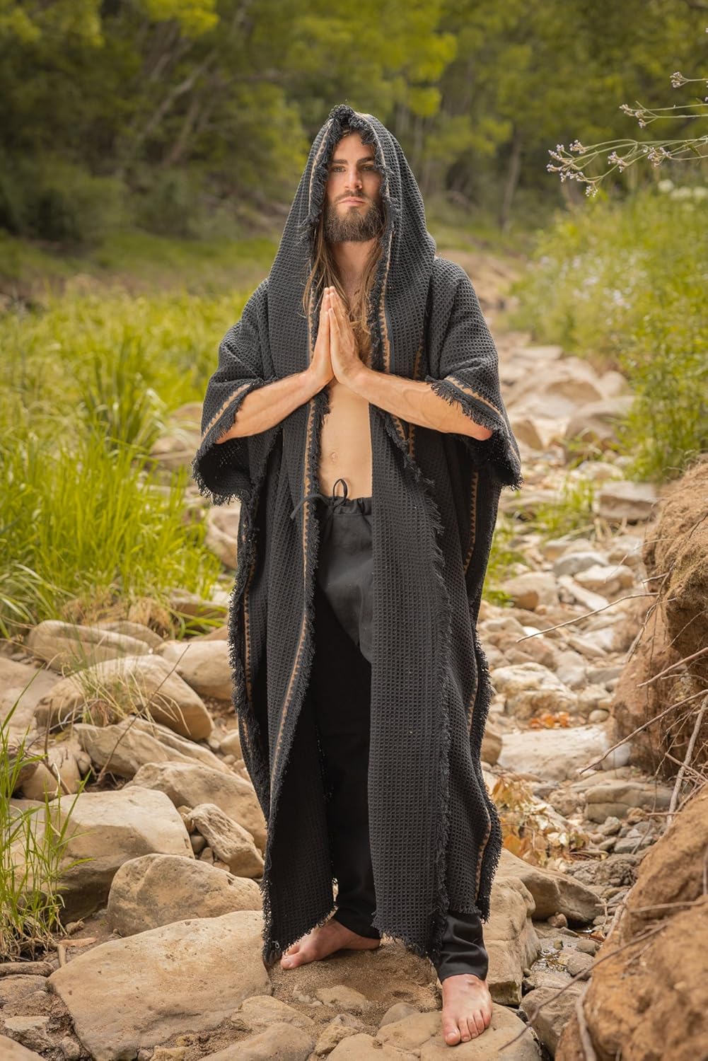 AJJAYA MAGOS WIZARD Long Mens Hooded Kimono Ivory Beige Tribal Ritual Ceremony Gypsy Magic Ritual Primitive Rave Boho