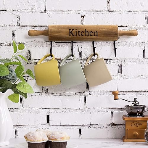 Miniatura 5 de MyGift Ganchos de cocina rústicos de madera marrón quemada para colgar utensilios de cocina, tazas de café y toallas de mano, diseño decorativo de