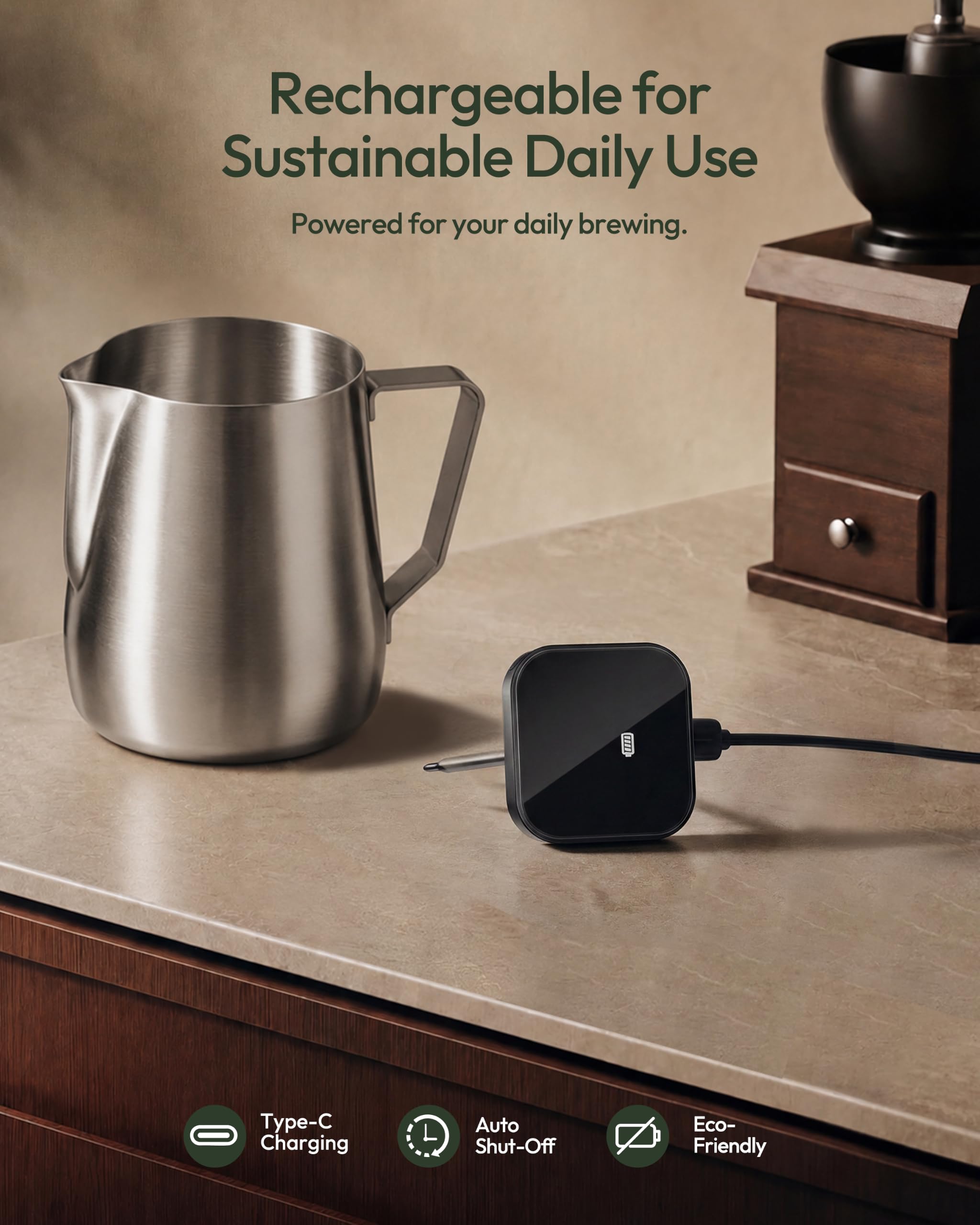 Maestri House Thermomètre de cuisson haute précision 0,1 °C/°F rechargeable avec mousseur à lait de 350 ml, grand écran LCD et clip amovible pour mousse de lait, café et confiture (noir)