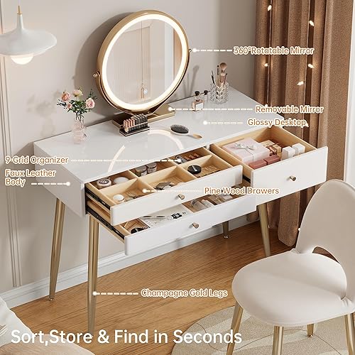 Miniatura 4 de Escritorio de tocador con espejo y luces| Juego de tocador de maquillaje moderno beige de 39 pulgadas con cajones y silla ajustable | Tocador blanco