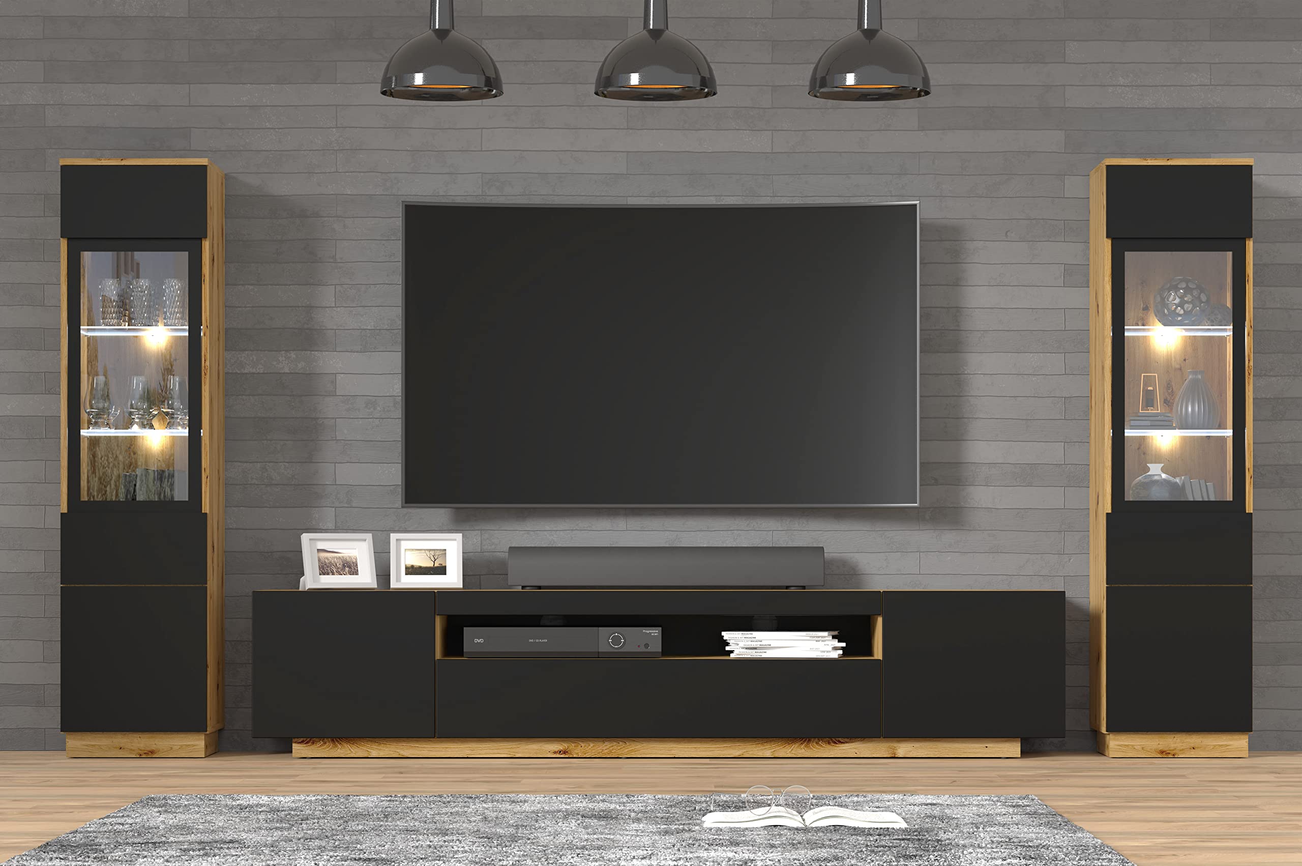 BIM Furniture Wandregal Aura – Modern Dekoregal 16x120x20 cm, Hängeregal, Wohnzimmer Regal, Wandmontage – Eiche Artisan/Schwarz Matt