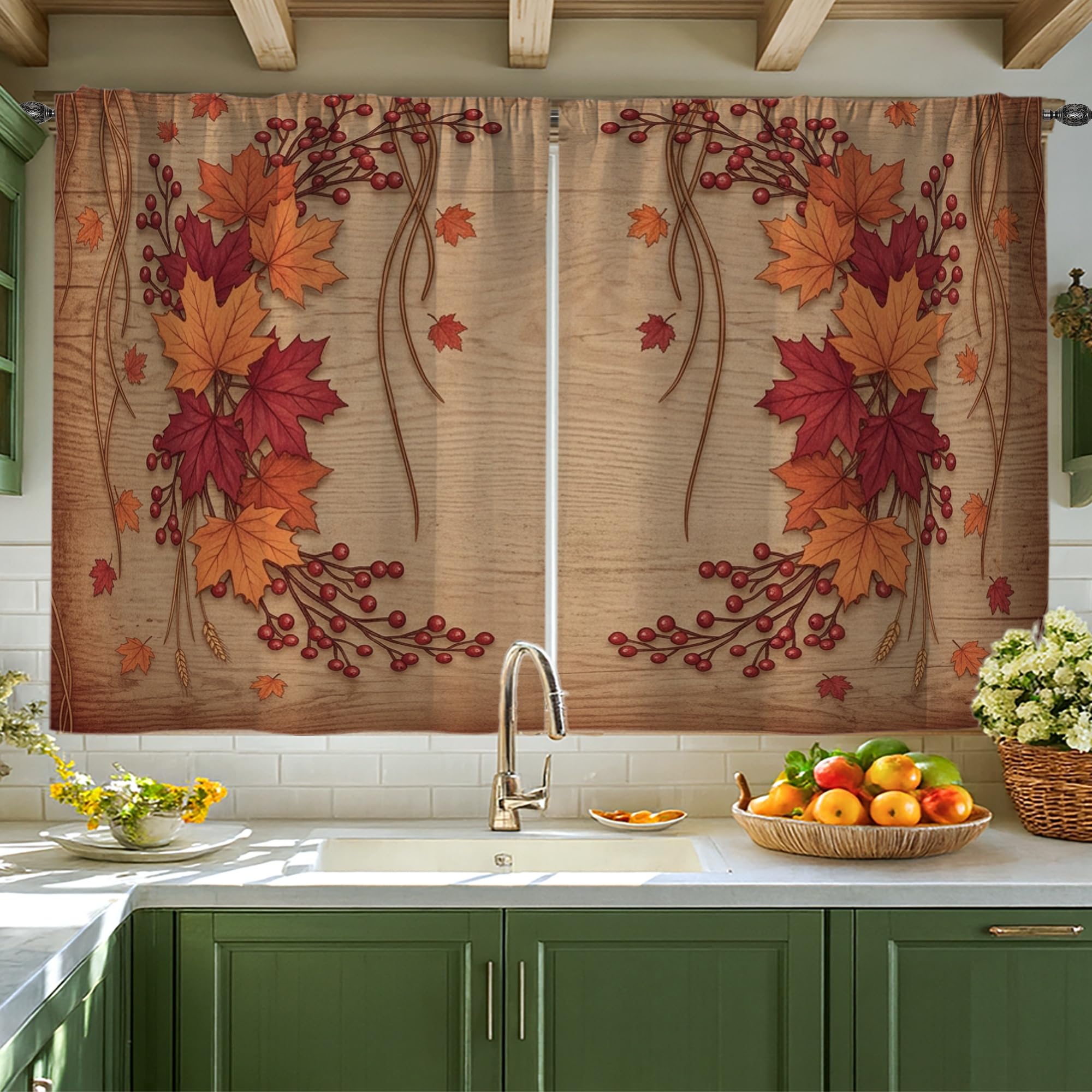 Rideaux de fenêtre pour évier de cuisine style automne rustique