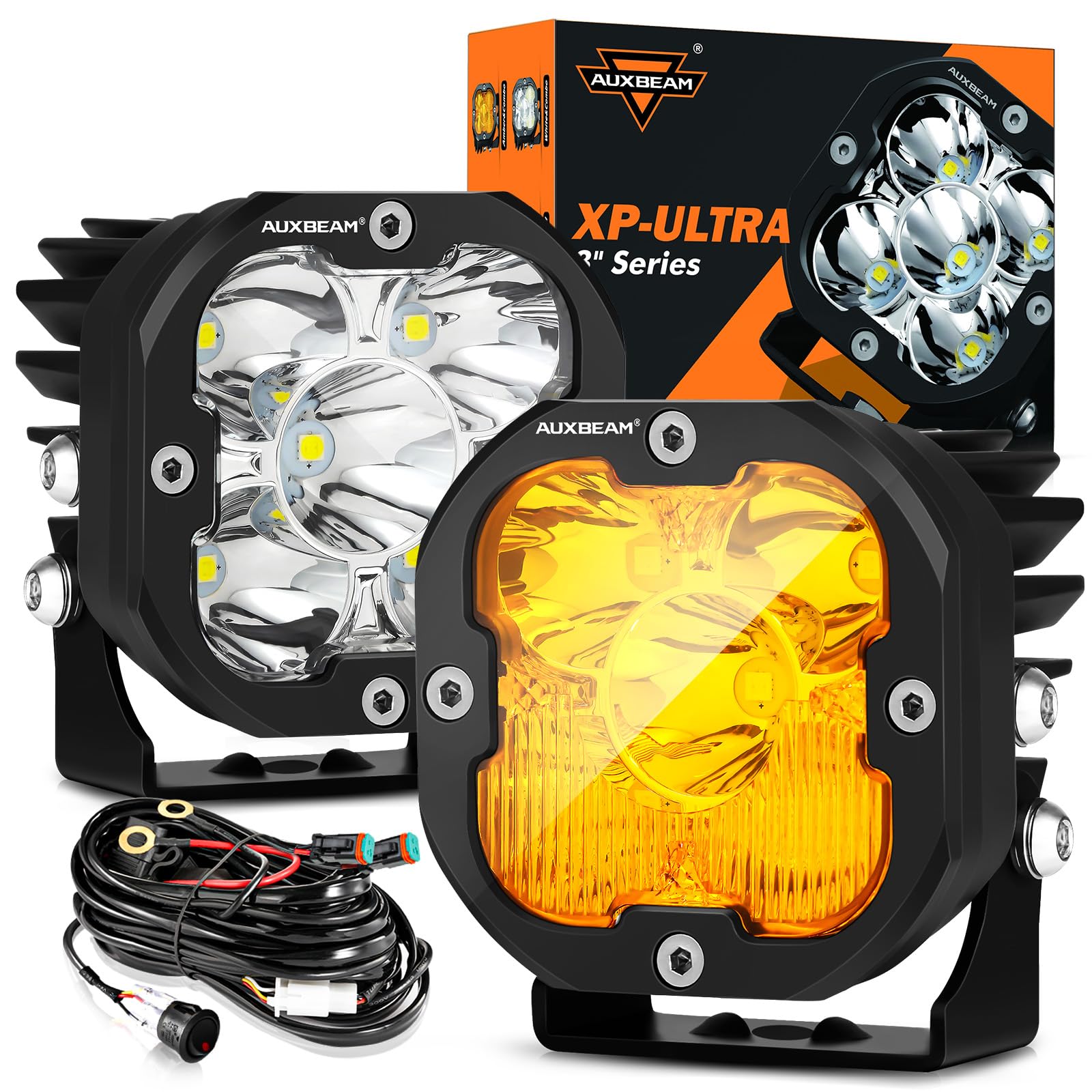 Auxbeam XP-Ultra Series 3 Inch LED Pods 80W 9600LM Offroad Driving Lights White Spot & Amber Combo Beam Ditch Light Bar Auxiliary Lights for Jeep Truck ATV UTV, Pair
