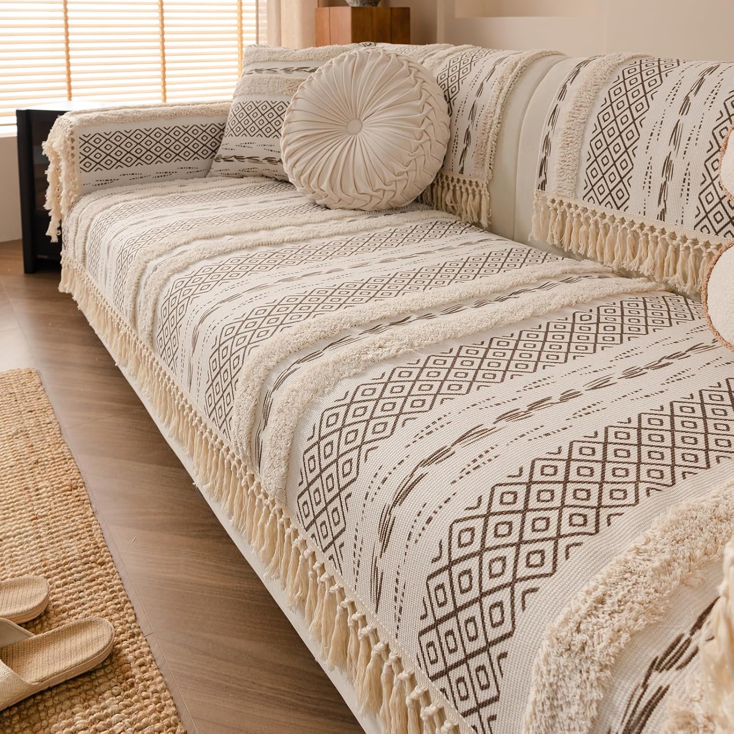 vctops Boho Cotton Linen Sofa Cover with Handmade Tassels Farmhouse Rustic Thick Tufted Setcional Couch Covers Non-Slip Soft Sofa Slipcover Washable Furniture Protector (Pattern F,36"x70")