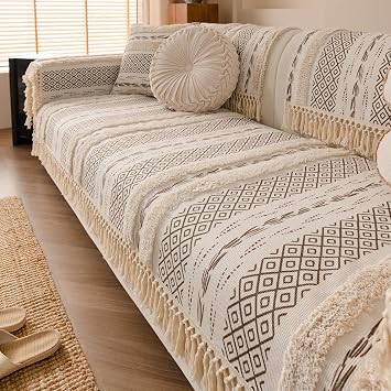 vctops Boho Cotton Linen Sofa Cover with Handmade Tassels Farmhouse Rustic Thick Tufted Setcional Couch Covers Non-Slip Soft Sofa Slipcover Washable Furniture Protector Pattern F,28"x28"