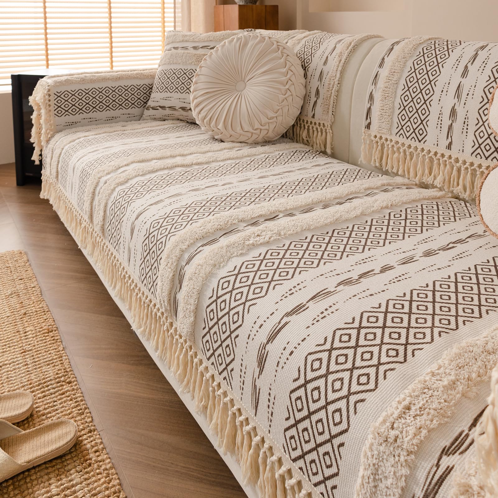 vctops Boho Cotton Linen Sofa Cover with Handmade Tassels Farmhouse Rustic Thick Tufted Setcional Couch Covers Non-Slip Soft Sofa Slipcover Washable