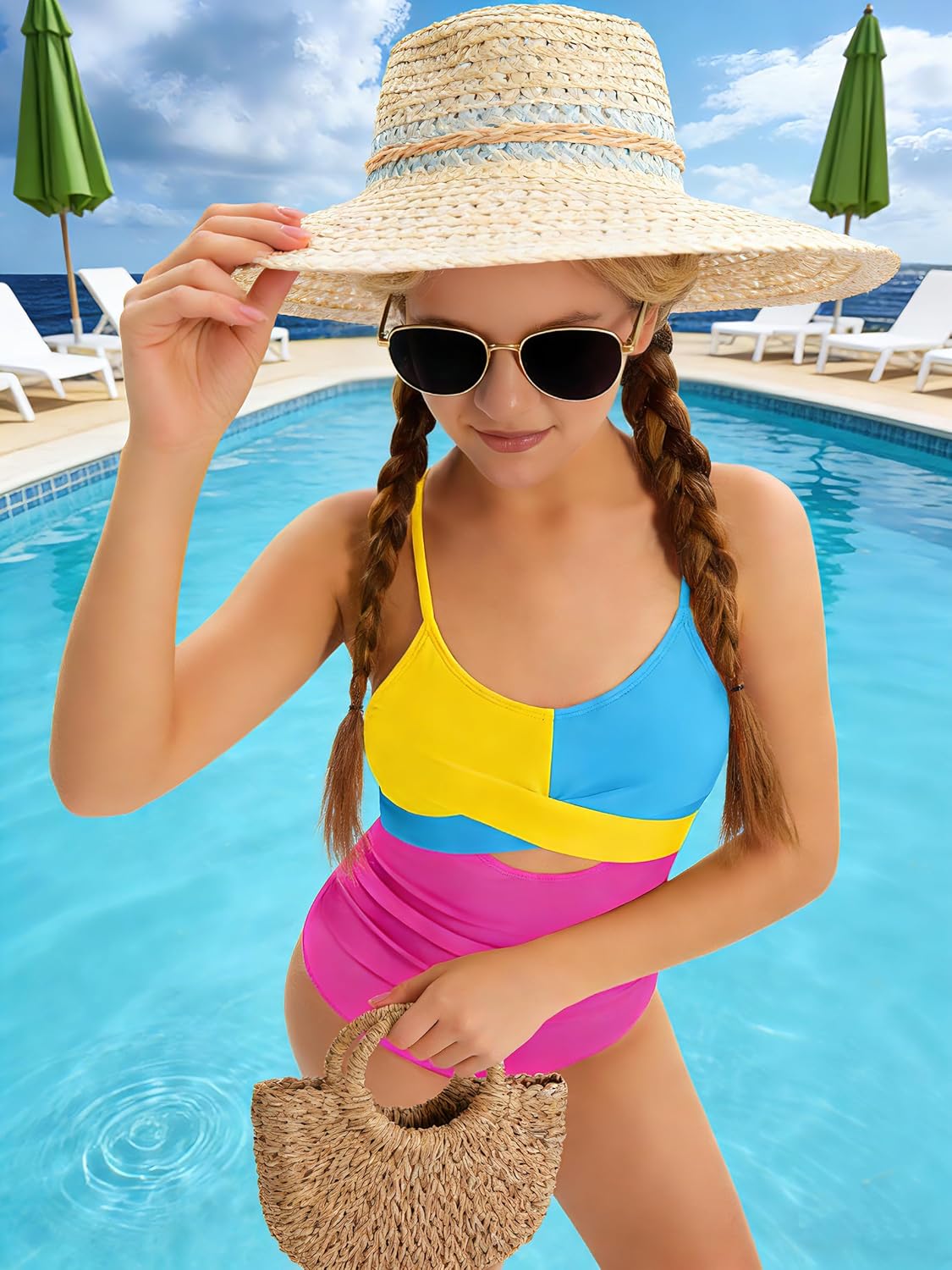 Girl Swimsuit One Piece Bathing Suit Cutout Adjustable Straps Padded High Waisted Girls Swimwear 9-16y - Image 3