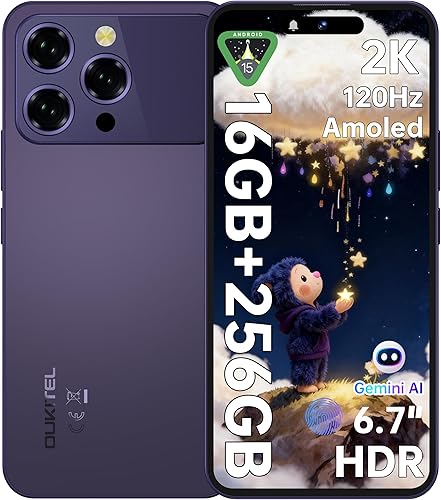 OUKITEL P1 Pro teléfono celular desbloqueado Android 15-6.7 pulgadas FHD+ AMOLED 120Hz pantalla teléfonos Android desbloqueados, 16GB+256GB2TB 50MP