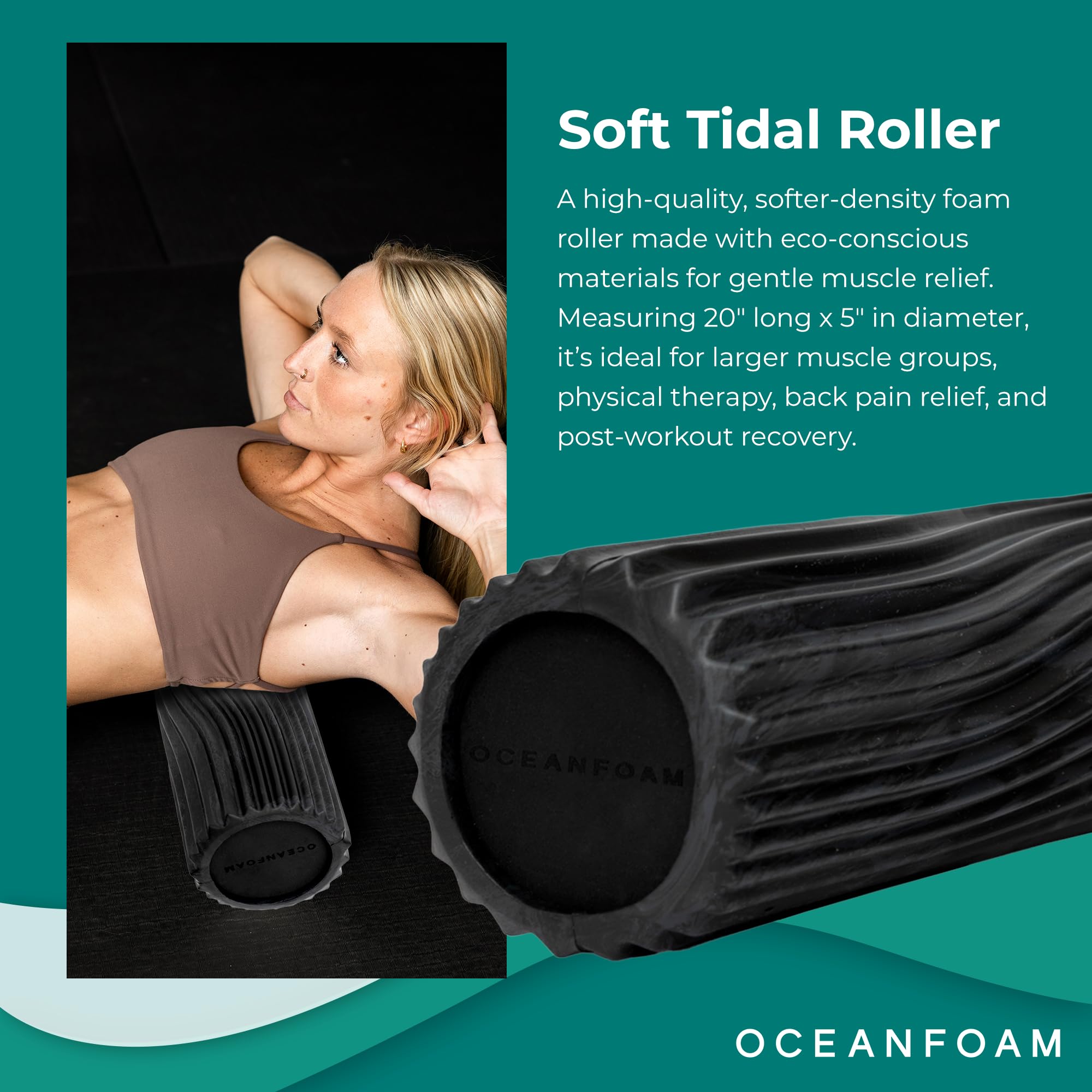 Oceanfoam Weicher Gezeitenroller (Schwarz & Anthrazit marmoriert) – Schaumstoffrolle mit niedriger Dichte für Physiotherapie, Rückenschmerzen, Übung und Dehnung – Wellenstruktur – Yoga & Wellness