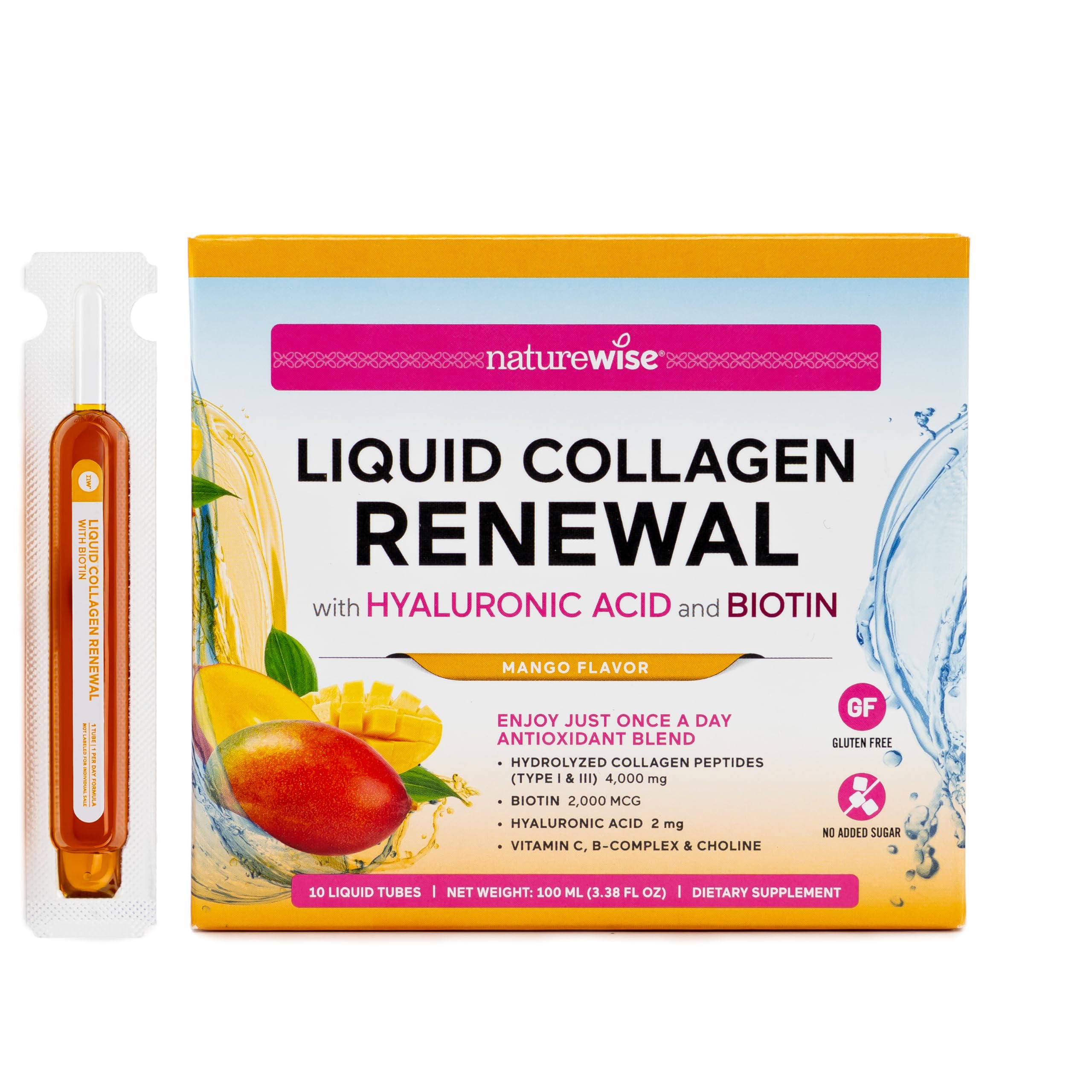 NatureWise Hydrolyzed Liquid Collagen for Women & Men 4000mg - No Added Sugar - Multi Collagen Peptides + Biotin + Vitamin C + Vitamin B Complex & Hyaluronic Acid - Mango - 10 Tubes[10 Day Supply] Mango 3.38 Fl Oz (Pack of 1)