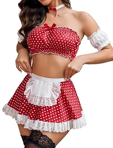 Avidlove Sexy Maid Lingerie for Women Cosplay Lingerie Set Contrast Lace Maid Costume Set(5pack) - Red and White - Small