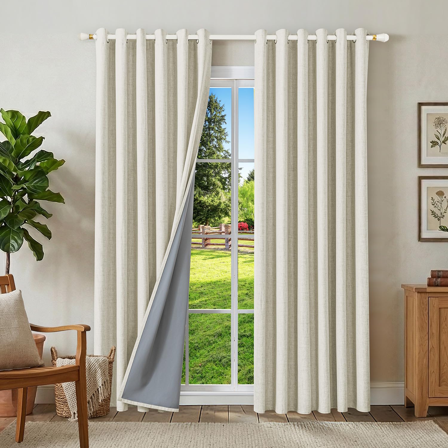 Runyéla 100% Blackout Linen Curtains Eyelet 90 x 90 Inch Drop for Living Room Bedroom Thermal Curtain 2 Panels Light Beige