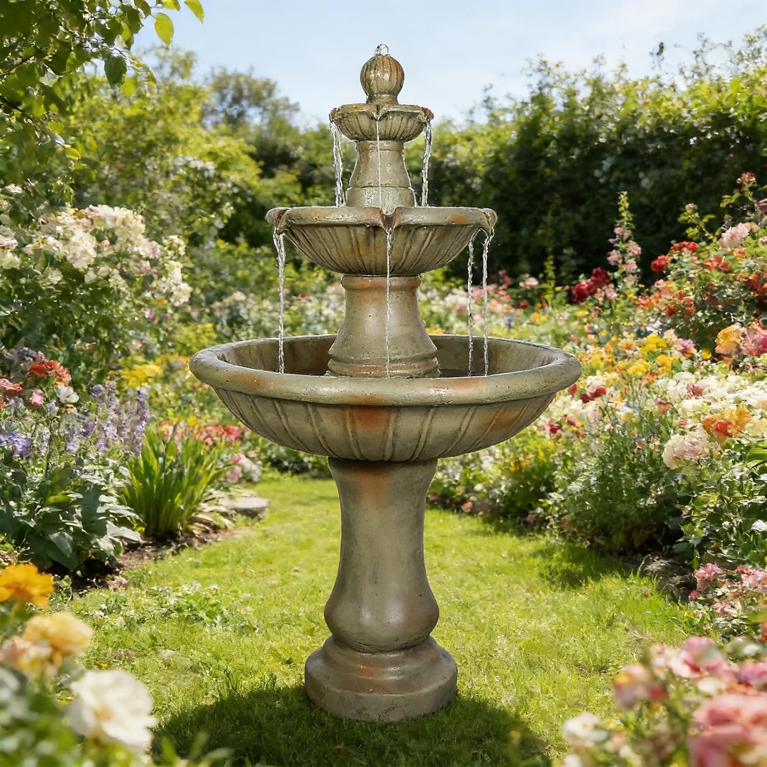 Naturefalls 51.5" Water Fountain Outdoor - Large Waterfall Fountain Outside, 3-Tiers Cascading, Fiber Reinforced Concrete, Indoor and Outdoor Fountain for Garden, Patio, Backyard, Lawn, Yard Decor