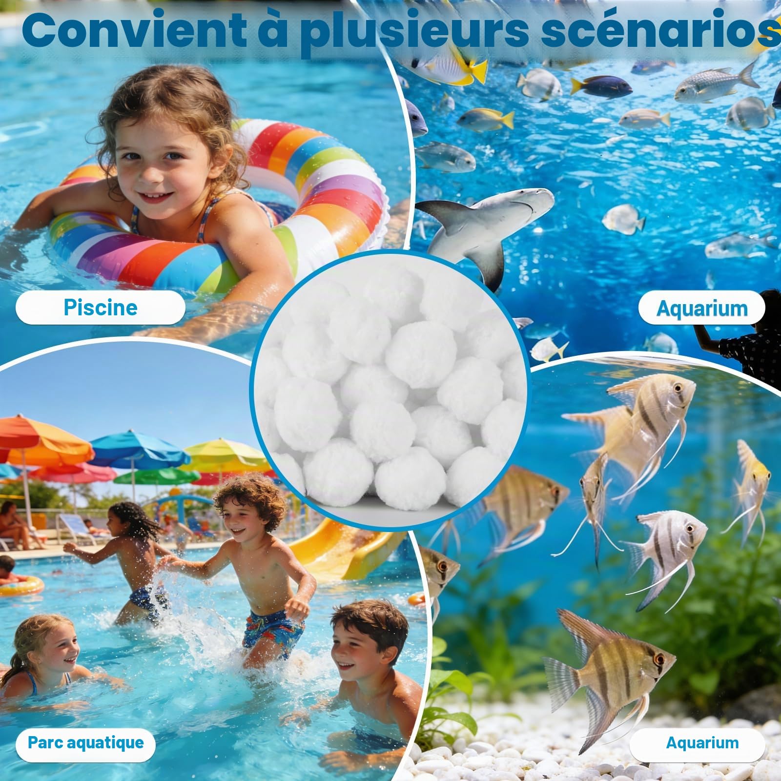 Balles Filtrantes pour Piscine, 1500g Boules Filtrante pour Systèmes Filtration Sable avec Sac Lavage Cordon, Balle Filtration Durables pour Pompe Piscines Nettoyeurs Piscine (Blanc)