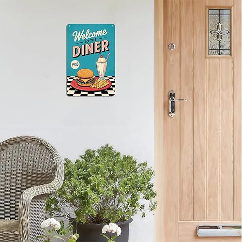 Miniatura 3 de Letrero de metal retro con texto en inglés «Welcome To The Diner» de los años 50, diseño estético para jardín, patio, bar, porche, hogar,