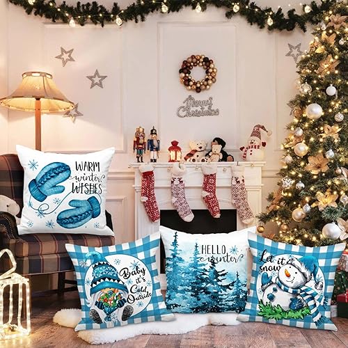 Miniatura 5 de Lanpn Juego de 4 fundas de almohada de Navidad de 16 x 16 pulgadas, diseño de muñeco de nieve de gnomo, funda de cojín decorativa de 16 x 16