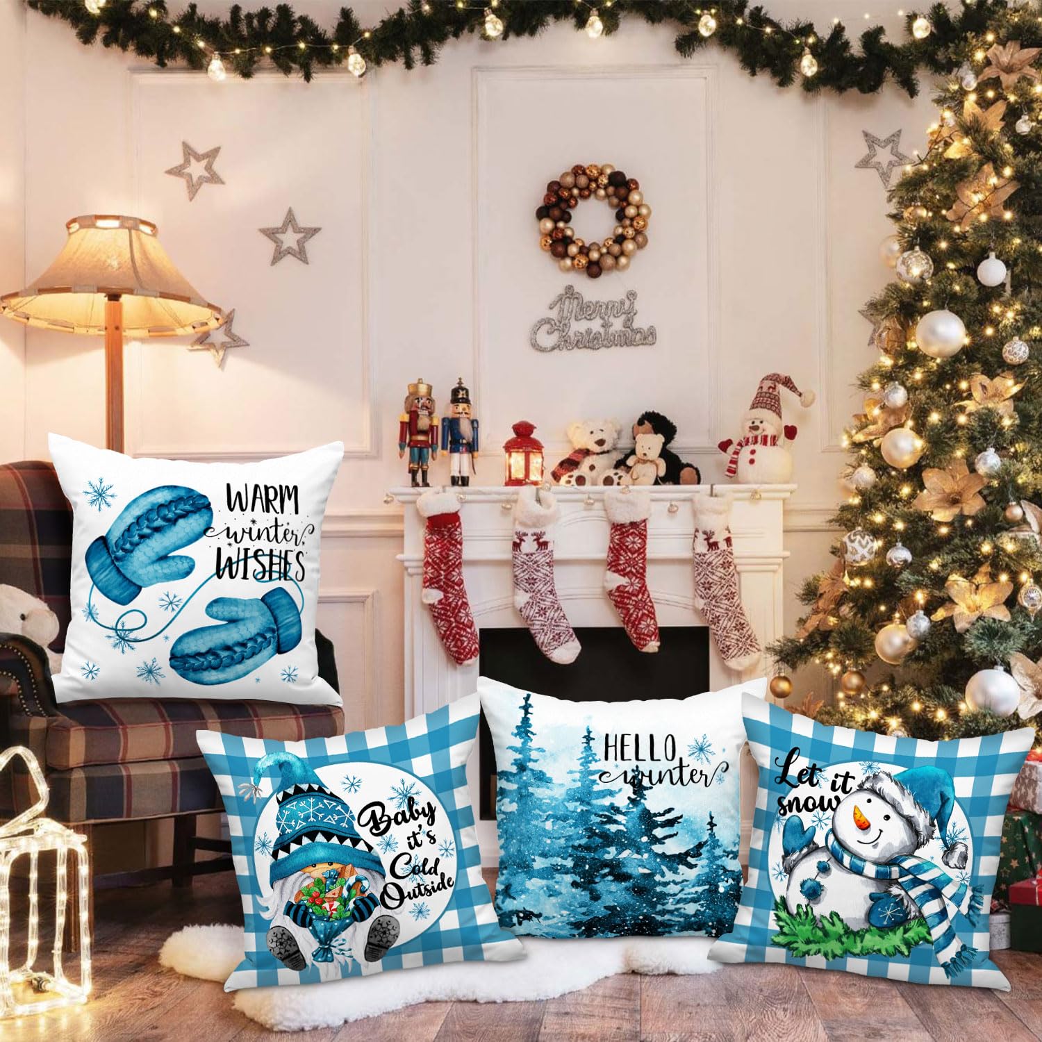 Lanpn 4 Stück Kissenbezug Weihnachten Kissenhülle 45x45 cm, Zwerg Winterkissenbezug Dekoration für Sofa Blau 45 x 45 cm