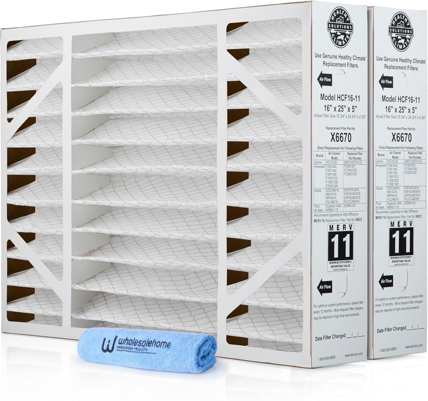 Lennox X6670 16x25x5 Air Filter MERV 11 HVAC AC Furnace Filters, Lennox Healthy Climate Filter for Home with Cleaning Cloth, 2-Pack (Actual Size: 15.75 x 24.75 x 4.38 Inches)