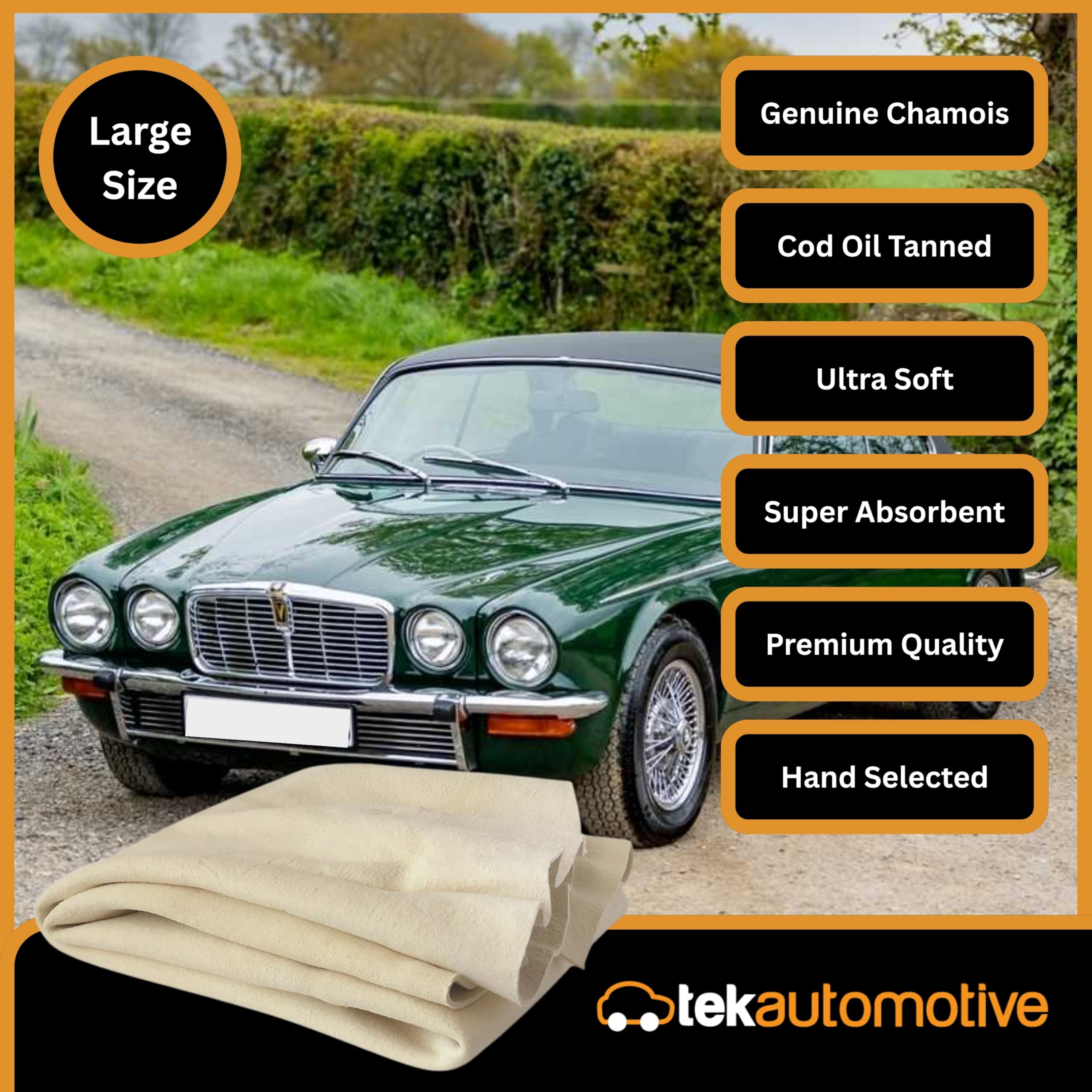 Tek Automotive Pelle di camoscio per auto - Grande pelle di camoscio conciata all'olio di merluzzo - 100% vera pelle shammy panno per asciugatura e lucidatura auto