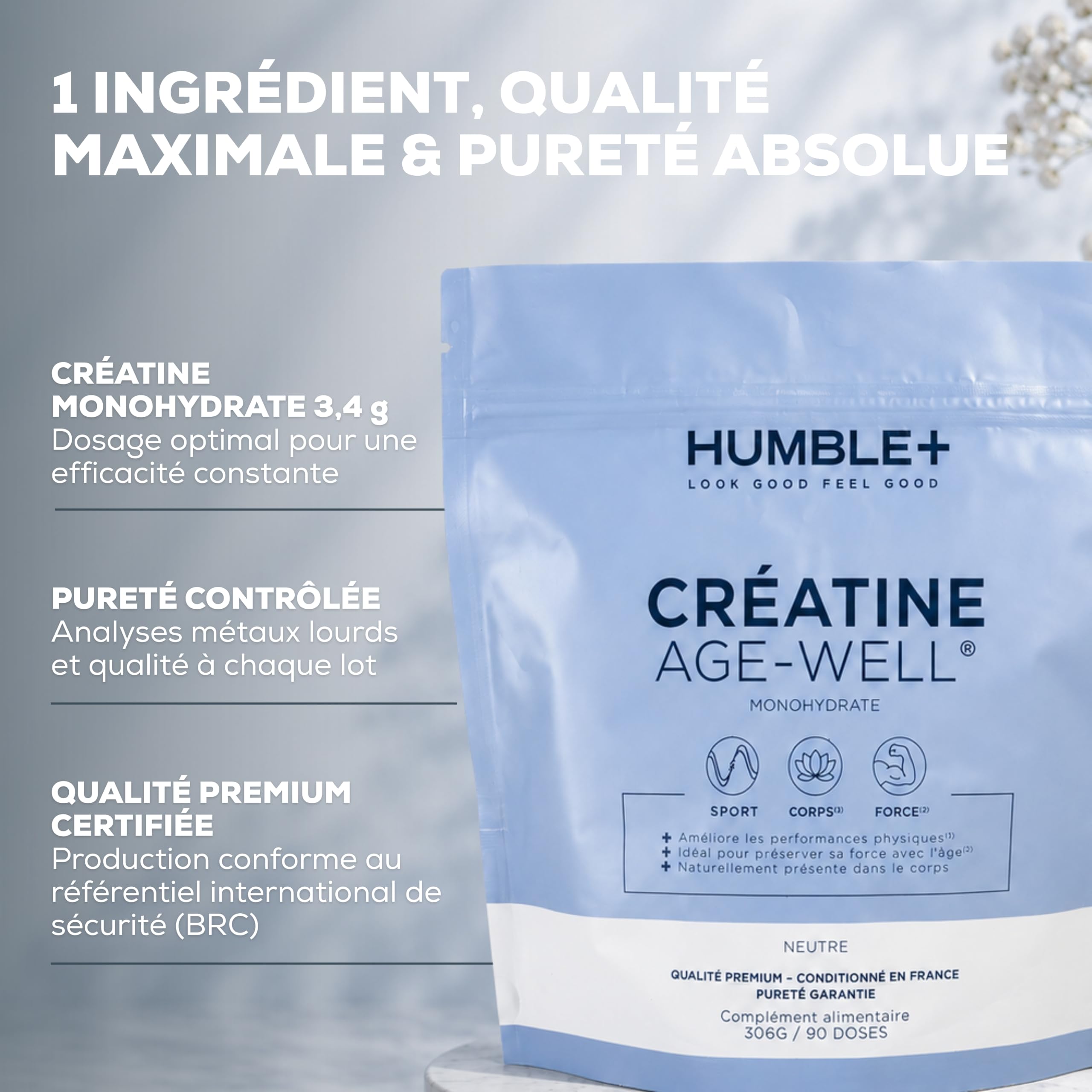 HUMBLE+ Créatine Monohydrate Age-Well® en Poudre (pureté 99,9%) - Supplément de Créatine Premium pour les Performances Physiques - Hautement Dosée - 306 g, 90 Portions - Marque Française