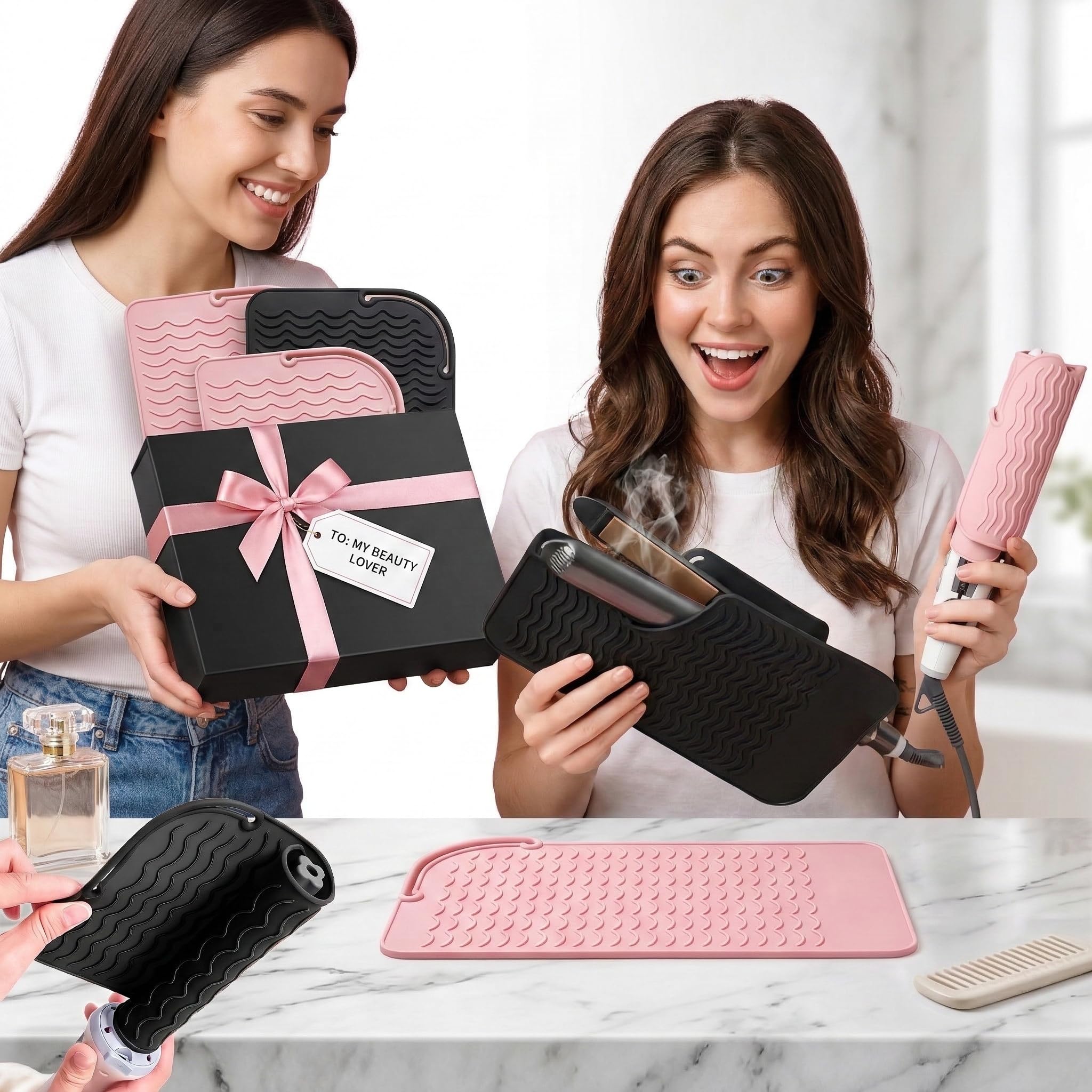 Tappetino termoresistente in silicone 2 pezzi nero e rosa 23x16cm per piastra capelli e ferro arricciacapelli resistente fino a 230°C antiscivolo facile da pulire per casa e salone